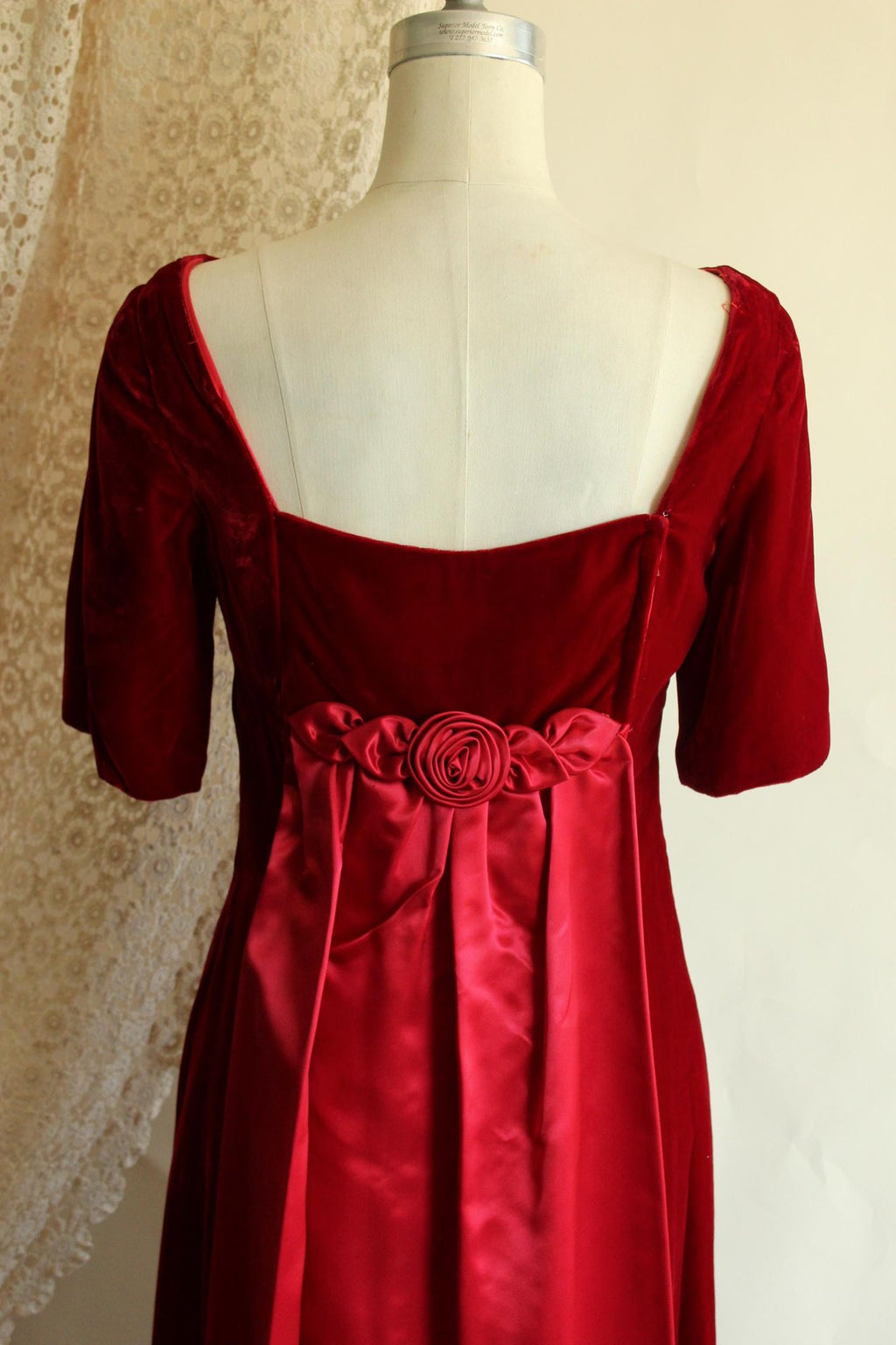 Vintage 1960s Red Velvet Gown with Watteau Style Satin Panel Back
