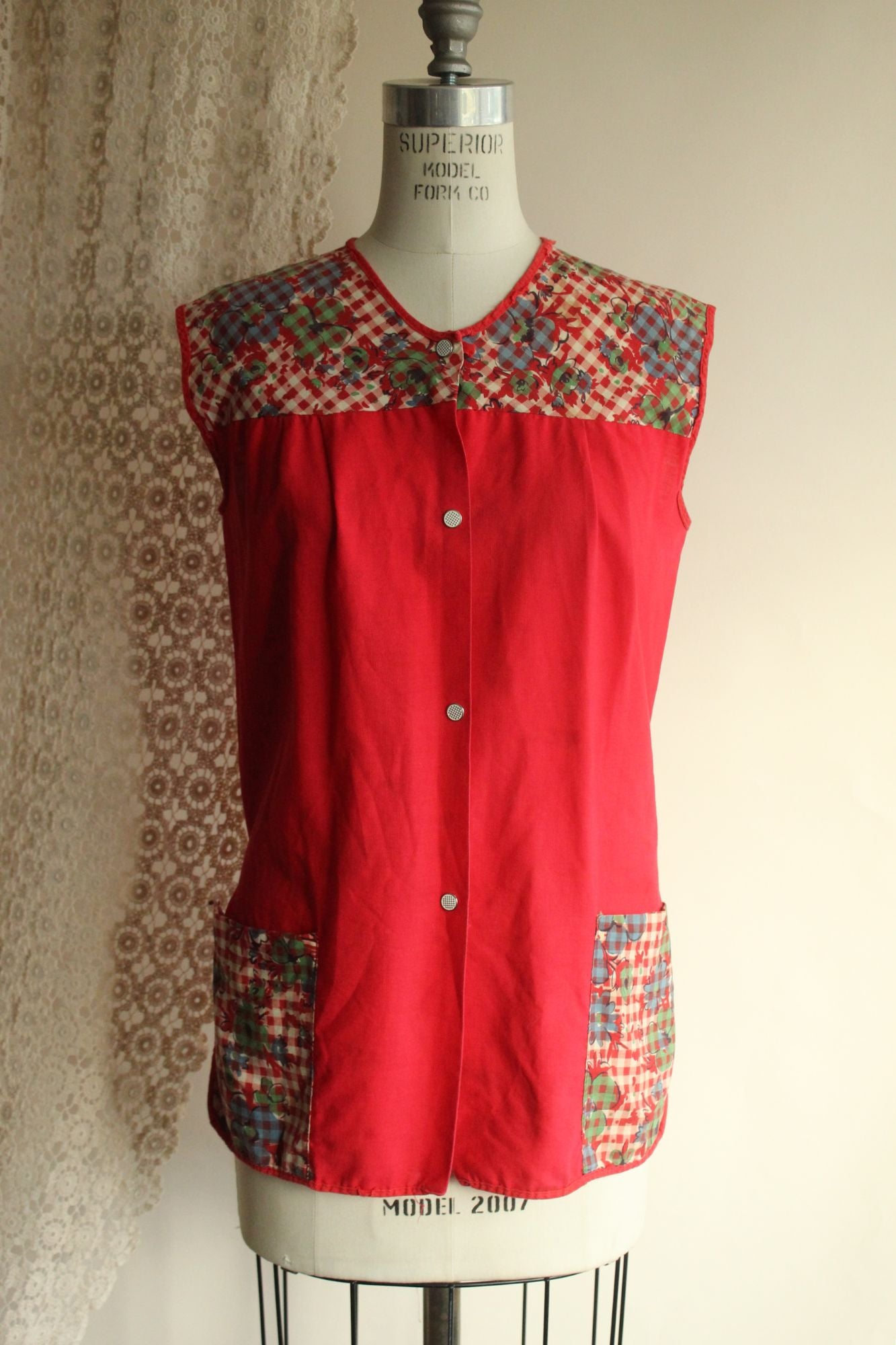 Vintage 1960s Red Floral Pinafore Apron With Pockets