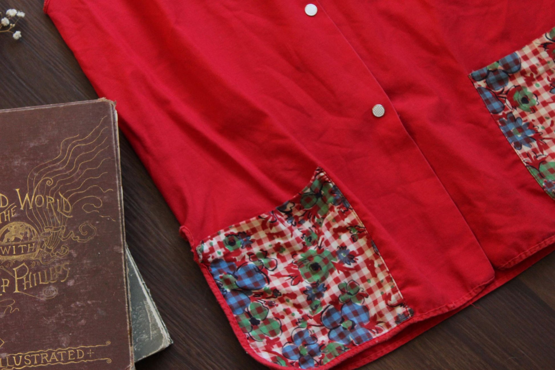 Vintage 1960s Red Floral Pinafore Apron With Pockets