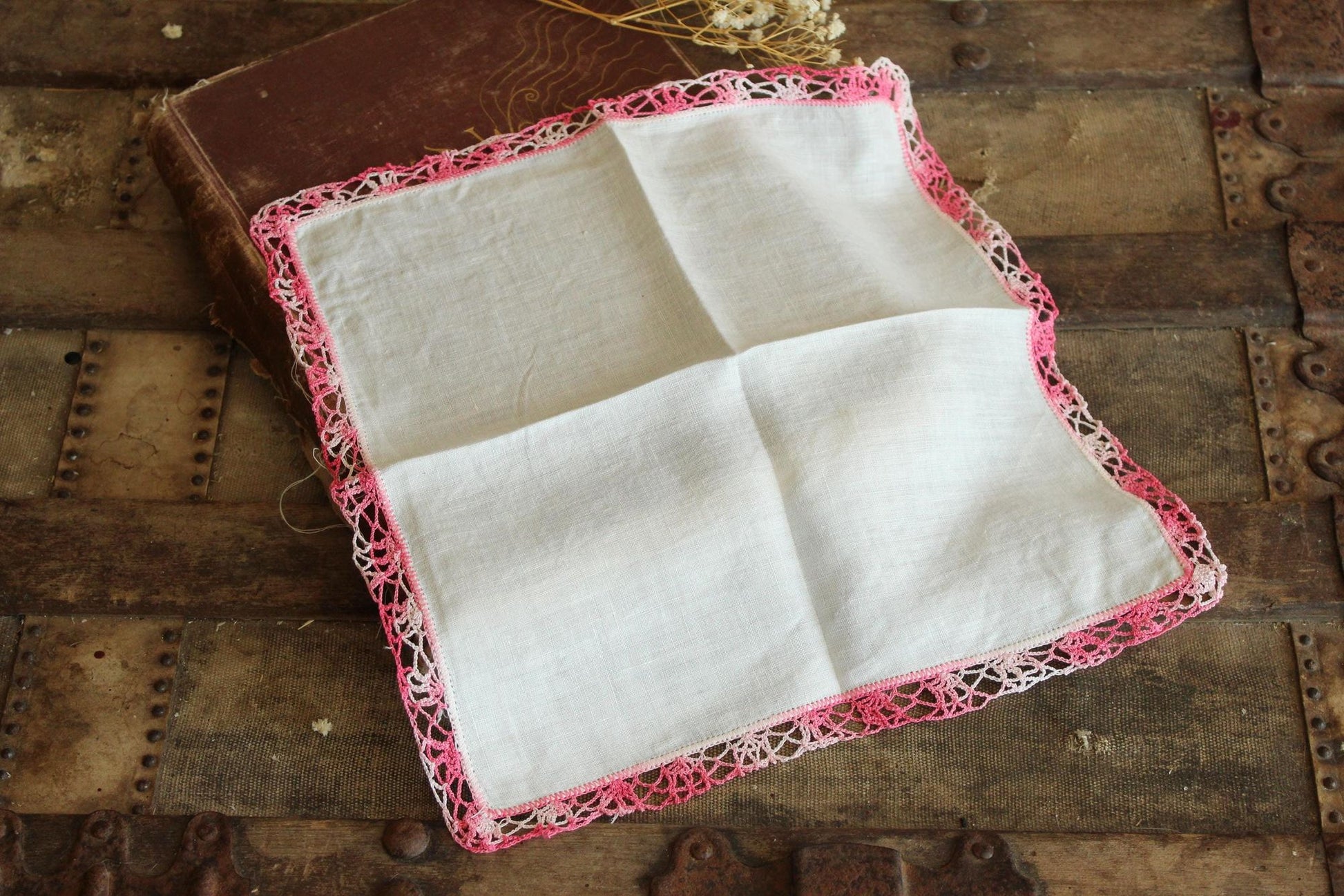 Vintage 1960s Handkerchief, White Linen With Pink Crochet Trim Hankie