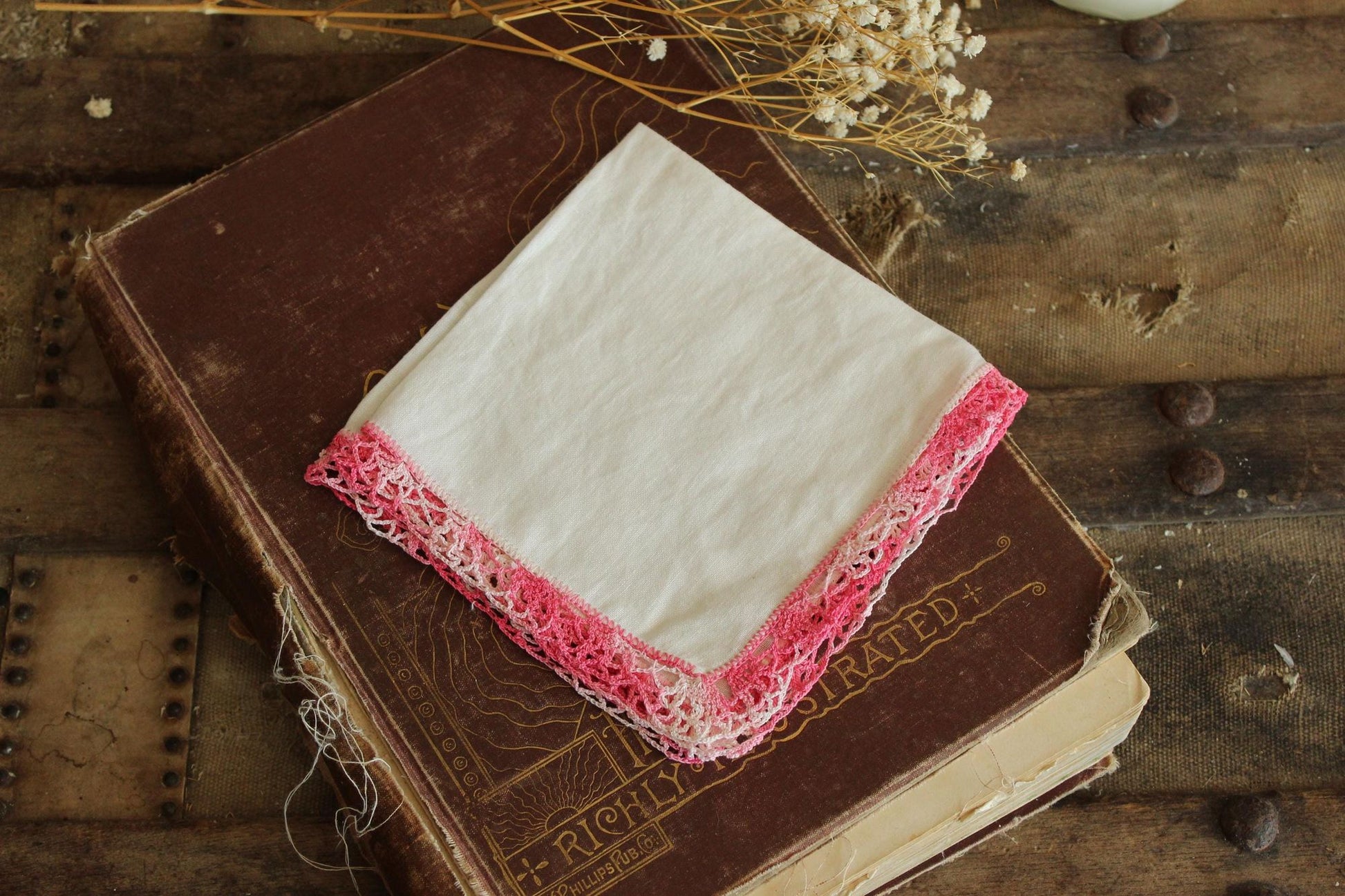 Vintage 1960s Handkerchief, White Linen With Pink Crochet Trim Hankie