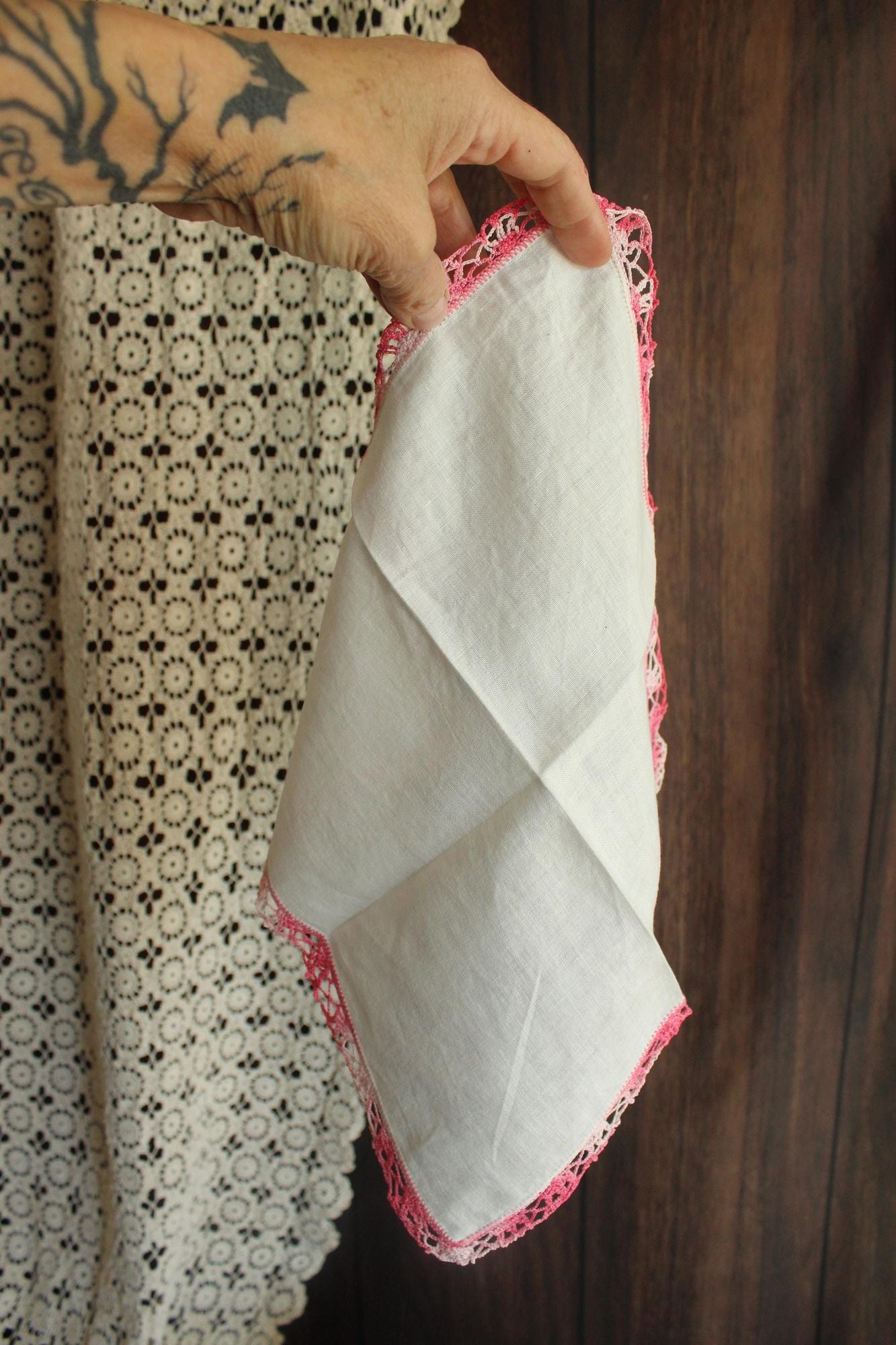 Vintage 1960s Handkerchief, White Linen With Pink Crochet Trim Hankie