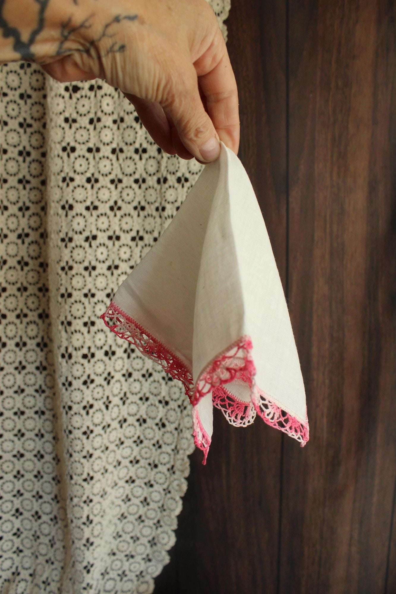 Vintage 1960s Handkerchief, White Linen With Pink Crochet Trim Hankie