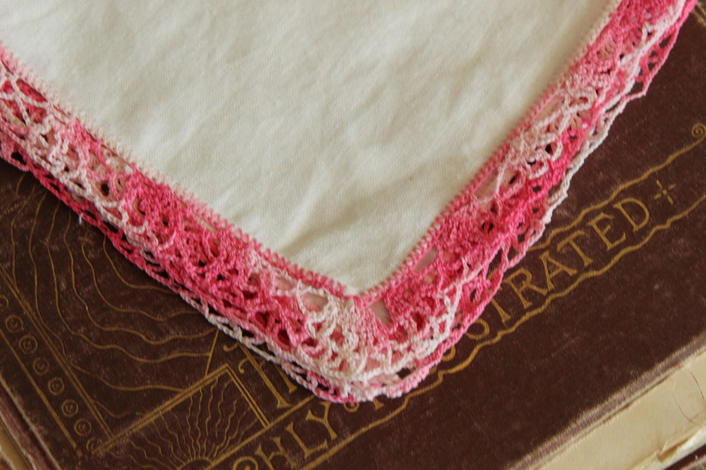Vintage 1960s Handkerchief, White Linen With Pink Crochet Trim Hankie
