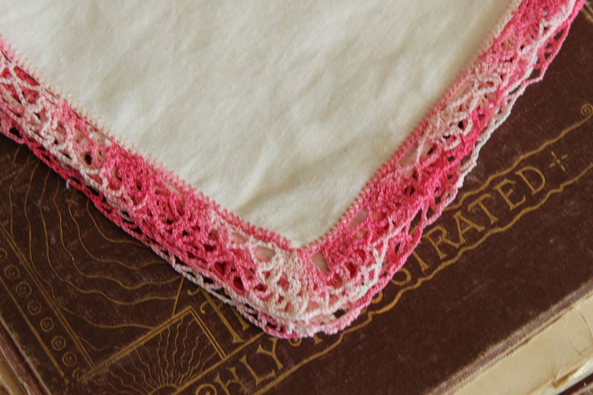 Vintage 1960s Handkerchief, White Linen With Pink Crochet Trim Hankie