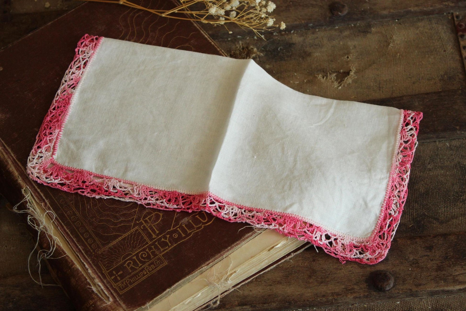 Vintage 1960s Handkerchief, White Linen With Pink Crochet Trim Hankie