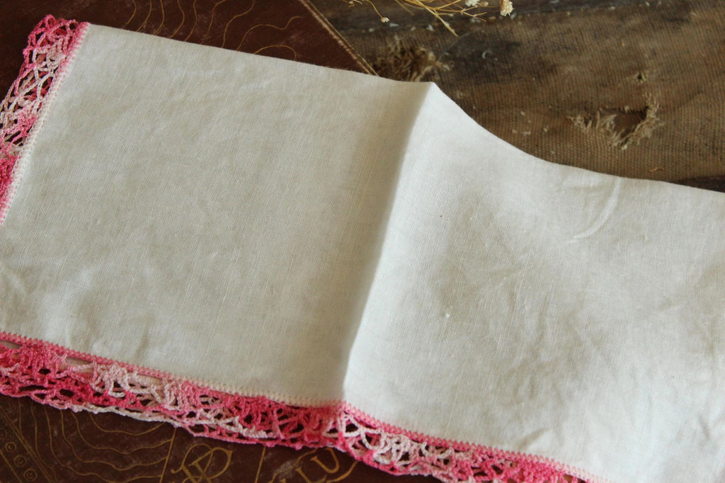 Vintage 1960s Handkerchief, White Linen With Pink Crochet Trim Hankie