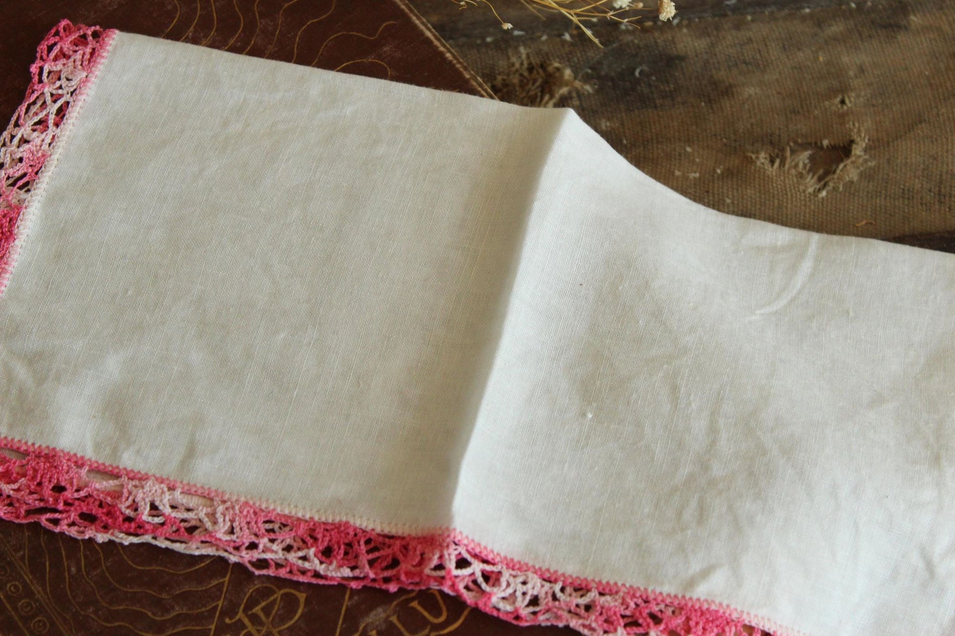 Vintage 1960s Handkerchief, White Linen With Pink Crochet Trim Hankie