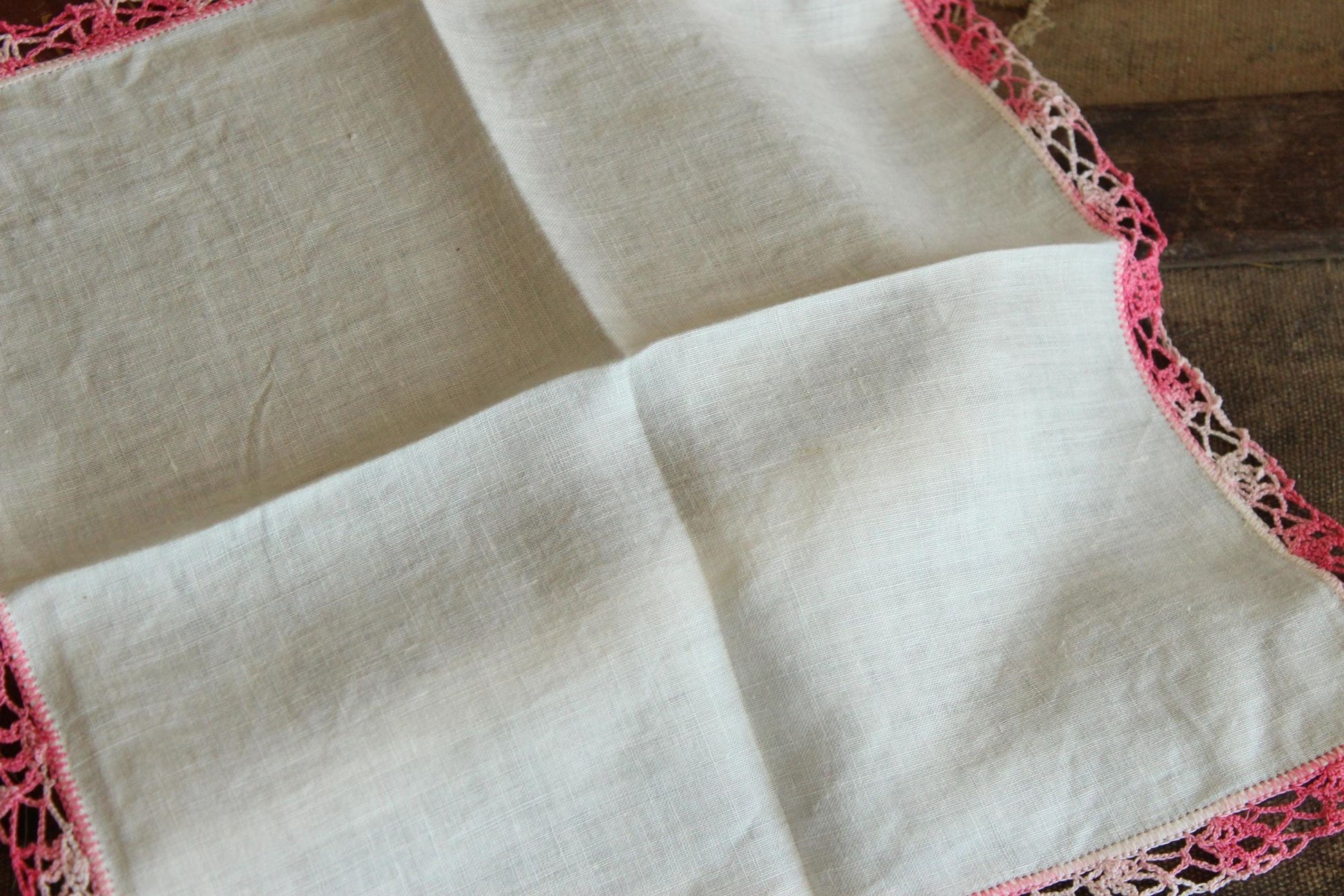 Vintage 1960s Handkerchief, White Linen With Pink Crochet Trim Hankie