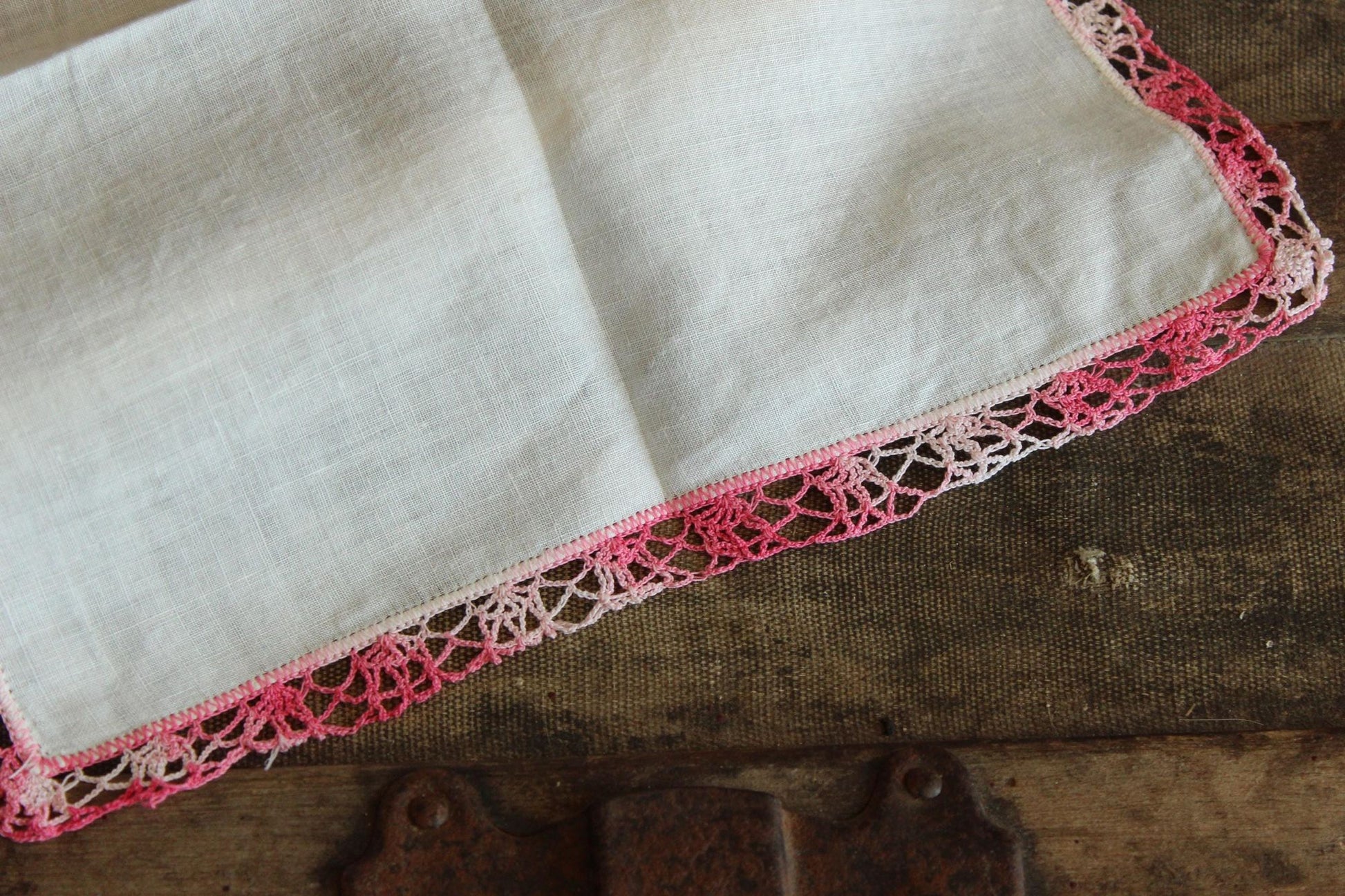 Vintage 1960s Handkerchief, White Linen With Pink Crochet Trim Hankie