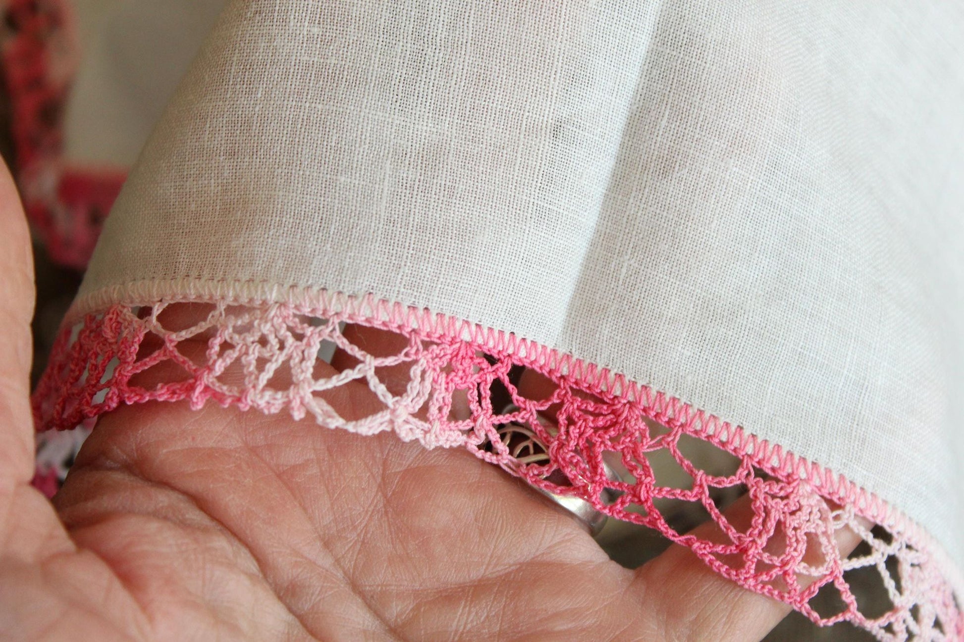 Vintage 1960s Handkerchief, White Linen With Pink Crochet Trim Hankie