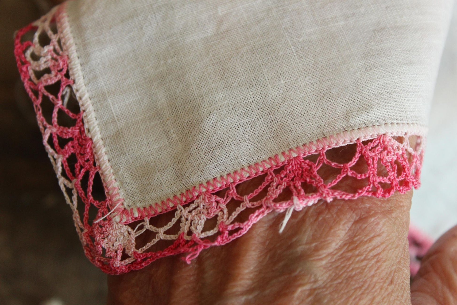 Vintage 1960s Handkerchief, White Linen With Pink Crochet Trim Hankie