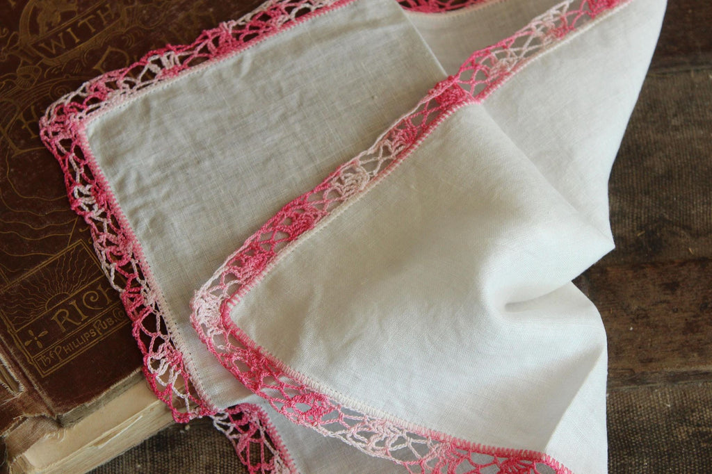 Vintage 1960s Handkerchief, White Linen With Pink Crochet Trim Hankie