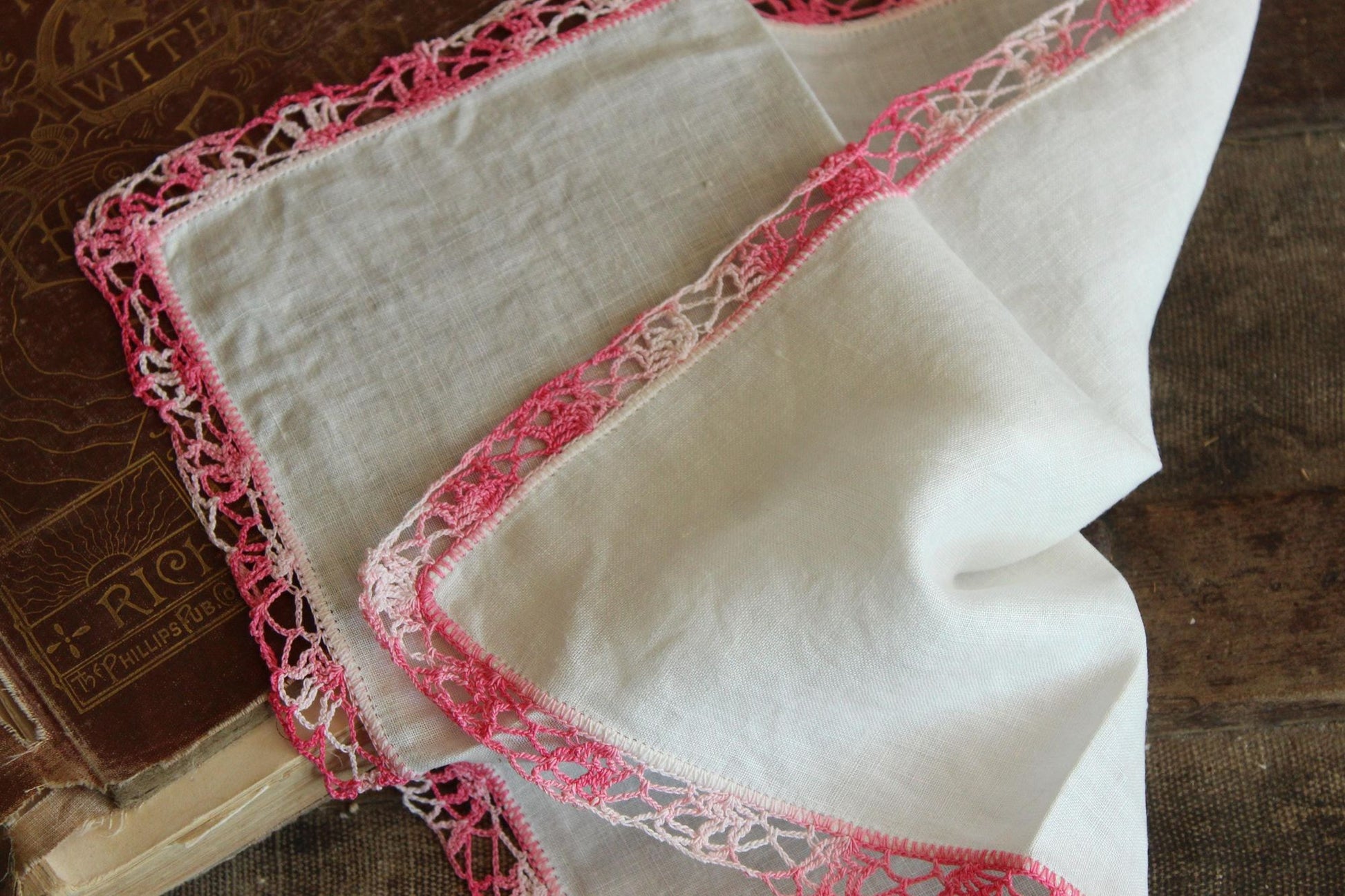 Vintage 1960s Handkerchief, White Linen With Pink Crochet Trim Hankie