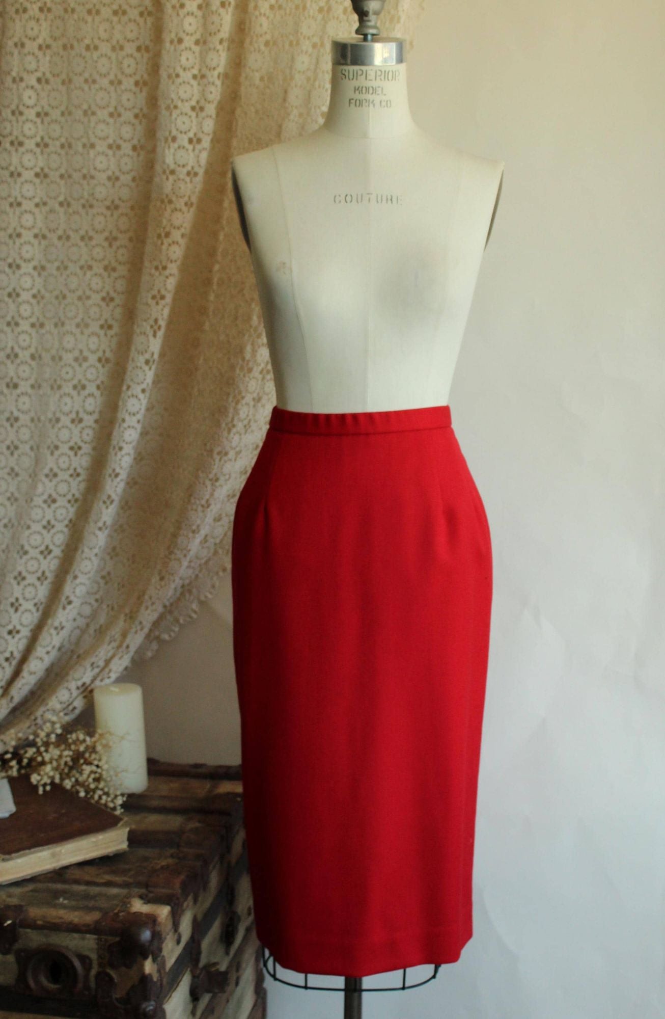 Vintage 1990s Red Knee Length Pencil Skirt