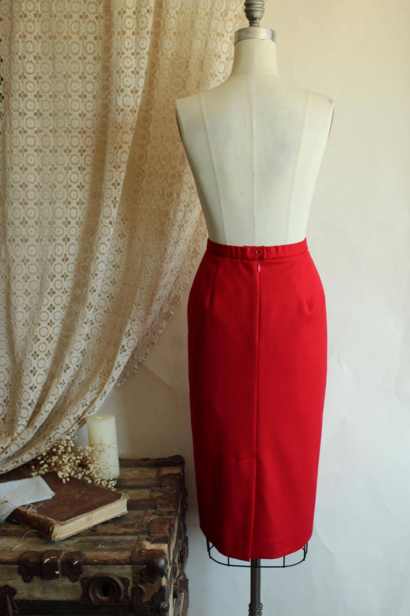 Vintage 1990s Red Knee Length Pencil Skirt