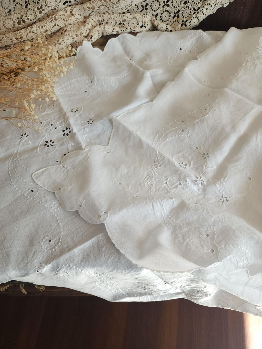 Vintage 1910s Embroidered Linen Tablecloth with Broderie Anglaise