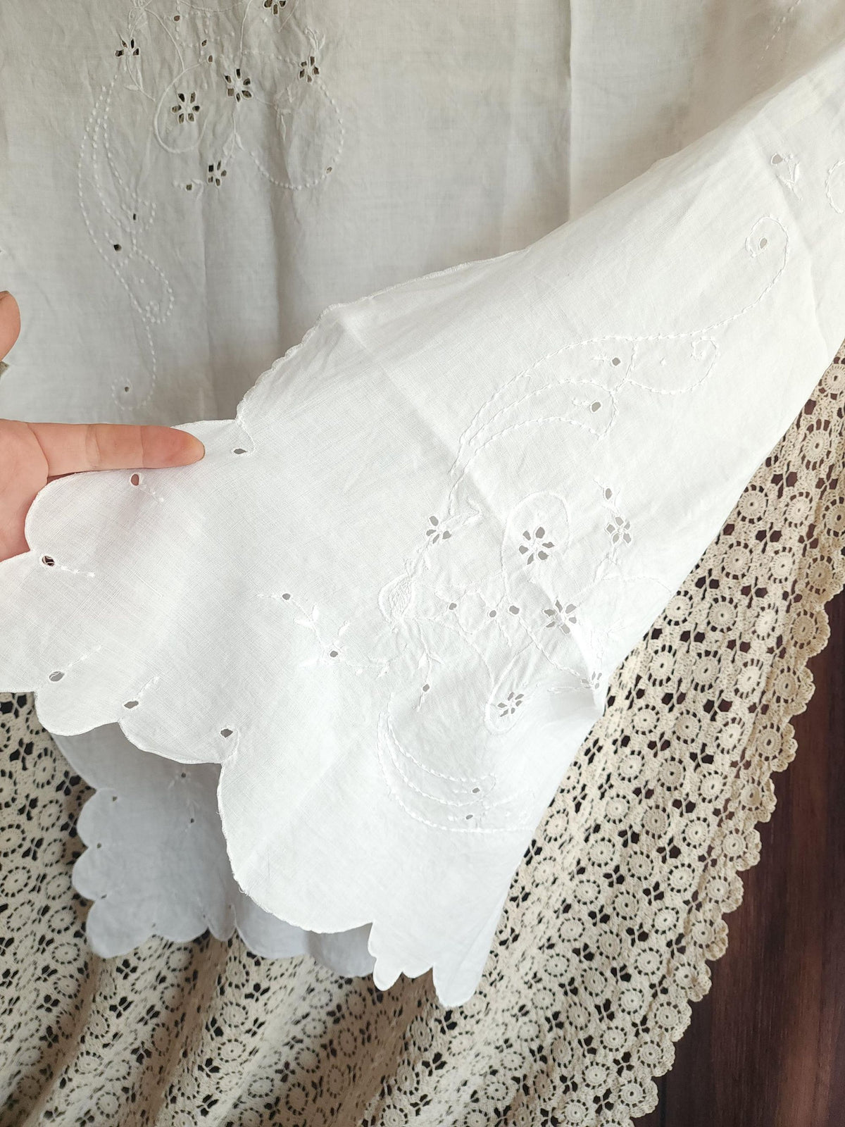 Vintage 1910s Embroidered Linen Tablecloth with Broderie Anglaise
