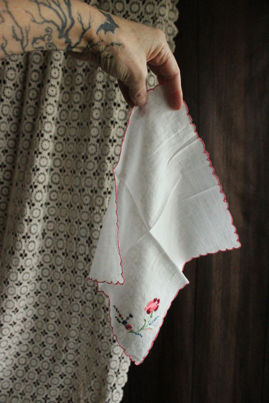Vintage White Embroidered Flower Cotton Handkerchief