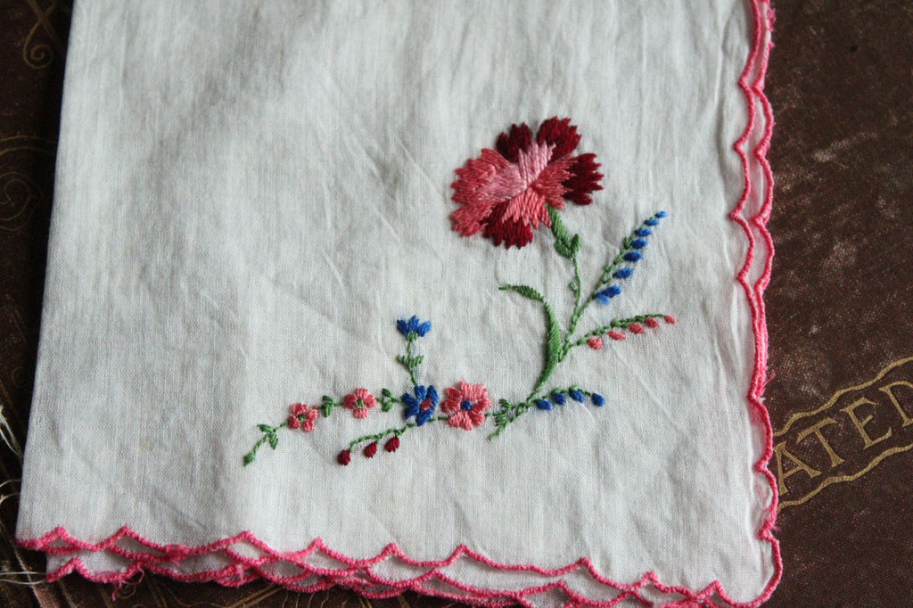 Vintage White Embroidered Flower Cotton Handkerchief