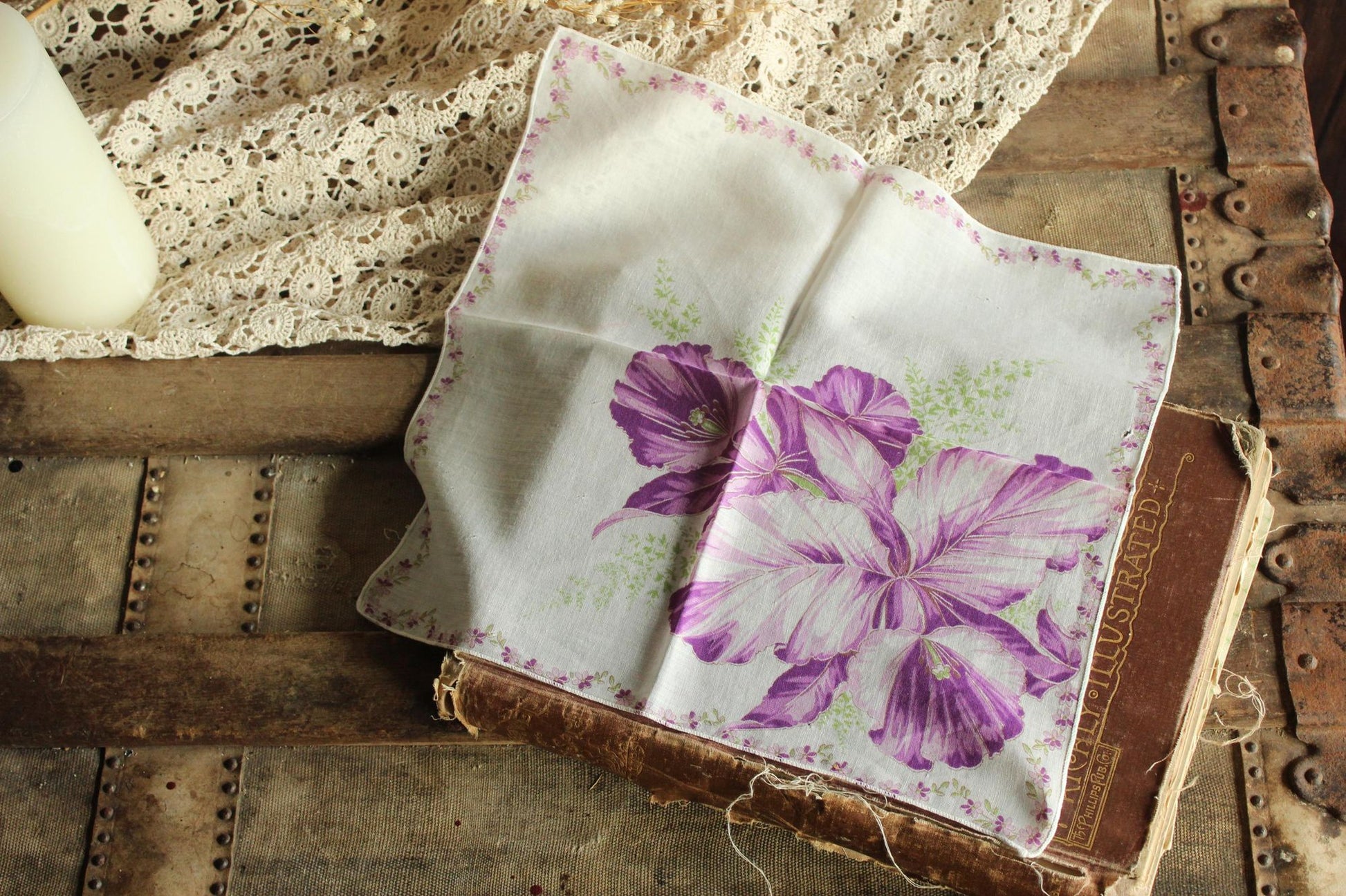 Vintage 1950s Iris Purple Flower Print Cotton Handkerchief