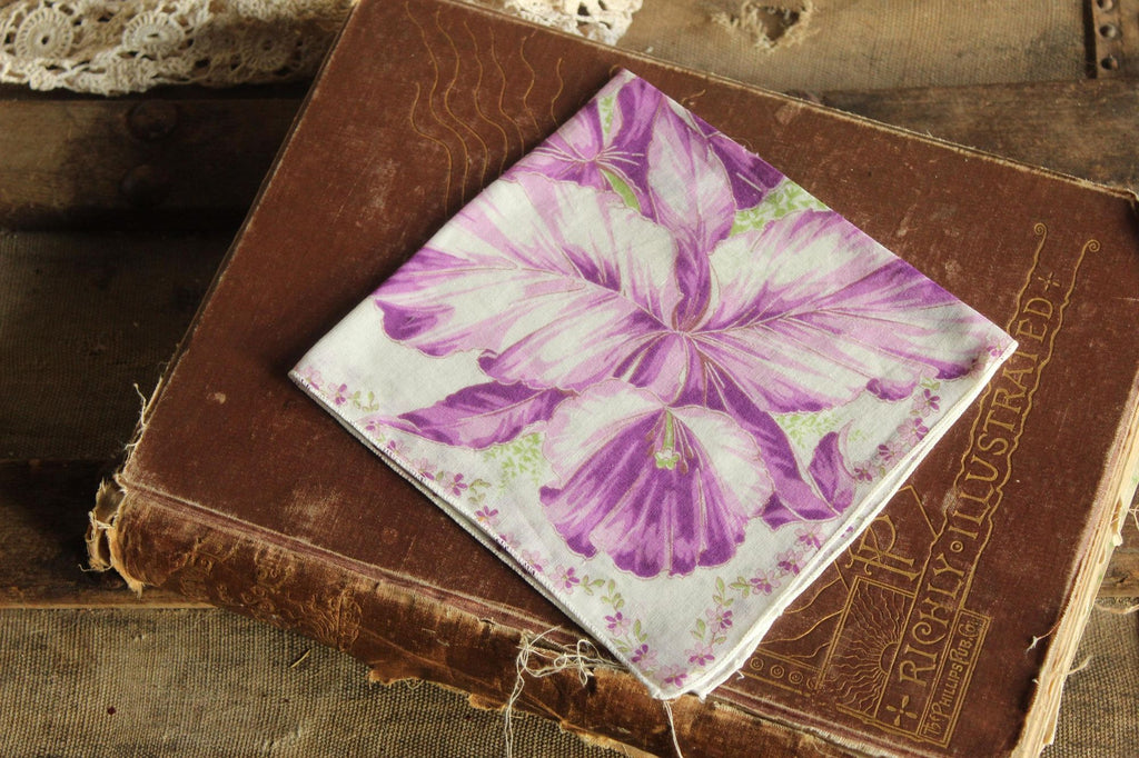 Vintage 1950s Iris Purple Flower Print Cotton Handkerchief