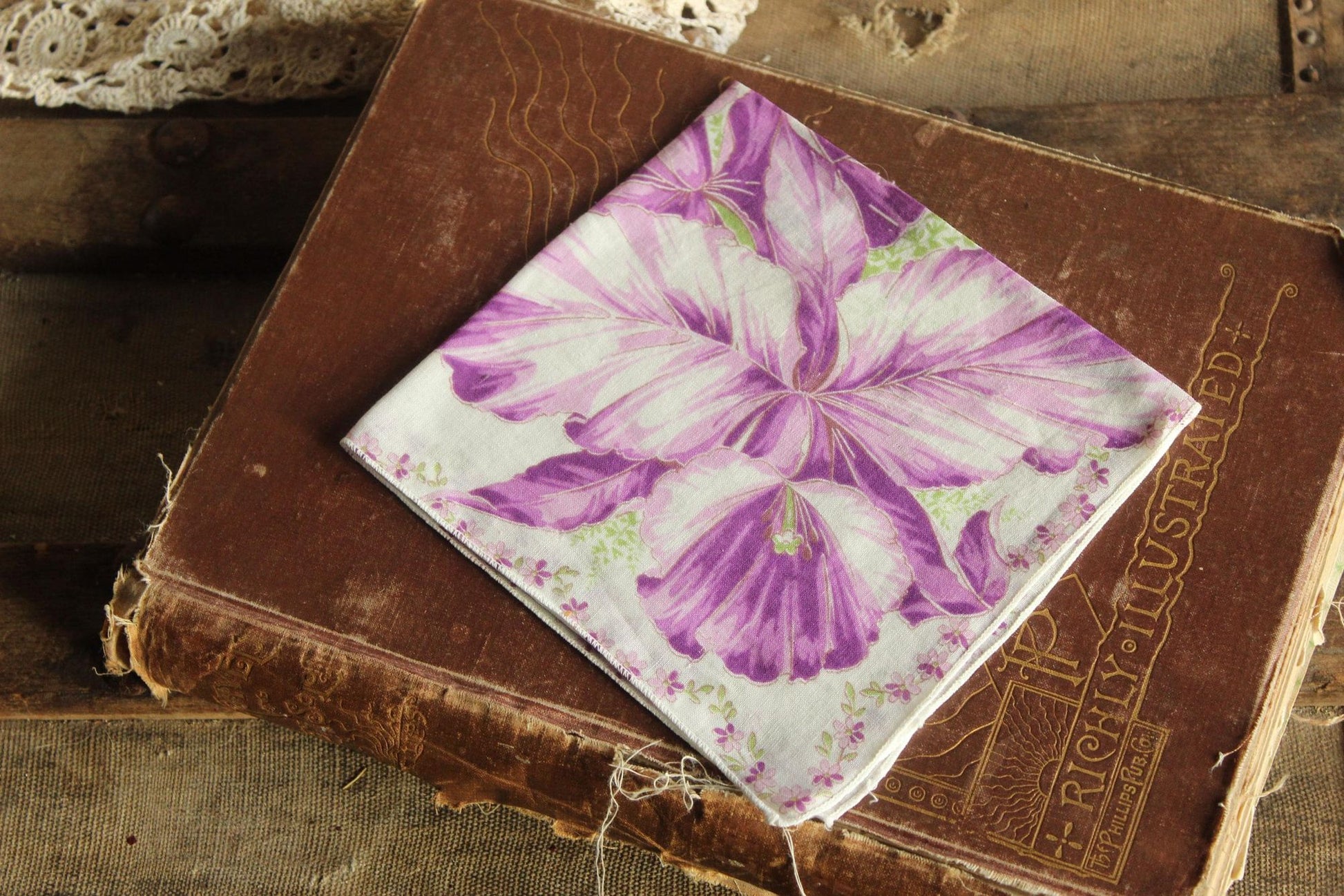 Vintage 1950s Iris Purple Flower Print Cotton Handkerchief