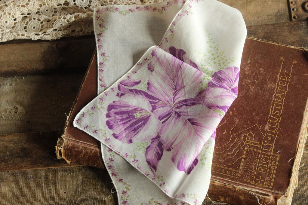 Vintage 1950s Iris Purple Flower Print Cotton Handkerchief