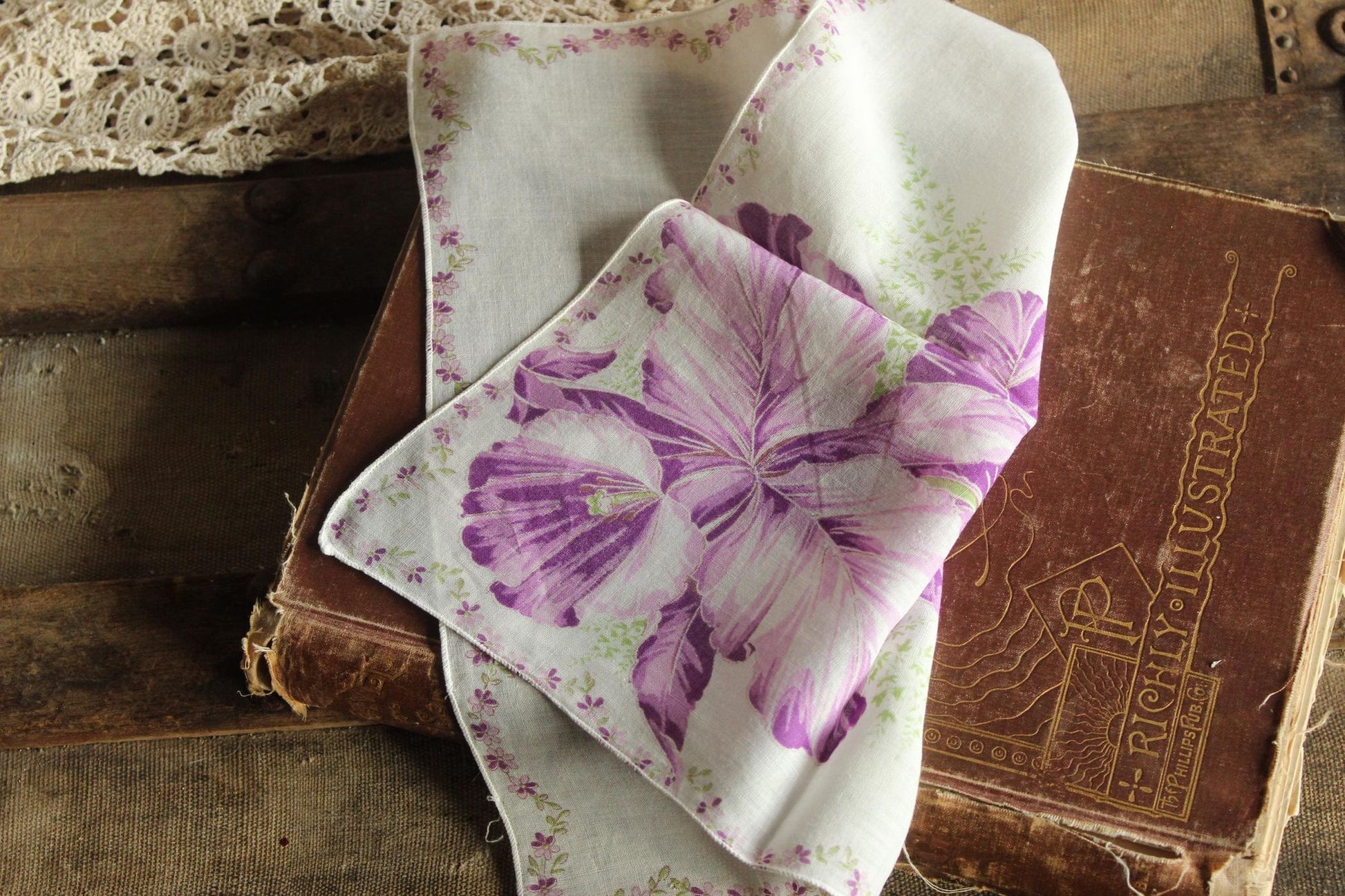 Vintage 1950s Iris Purple Flower Print Cotton Handkerchief