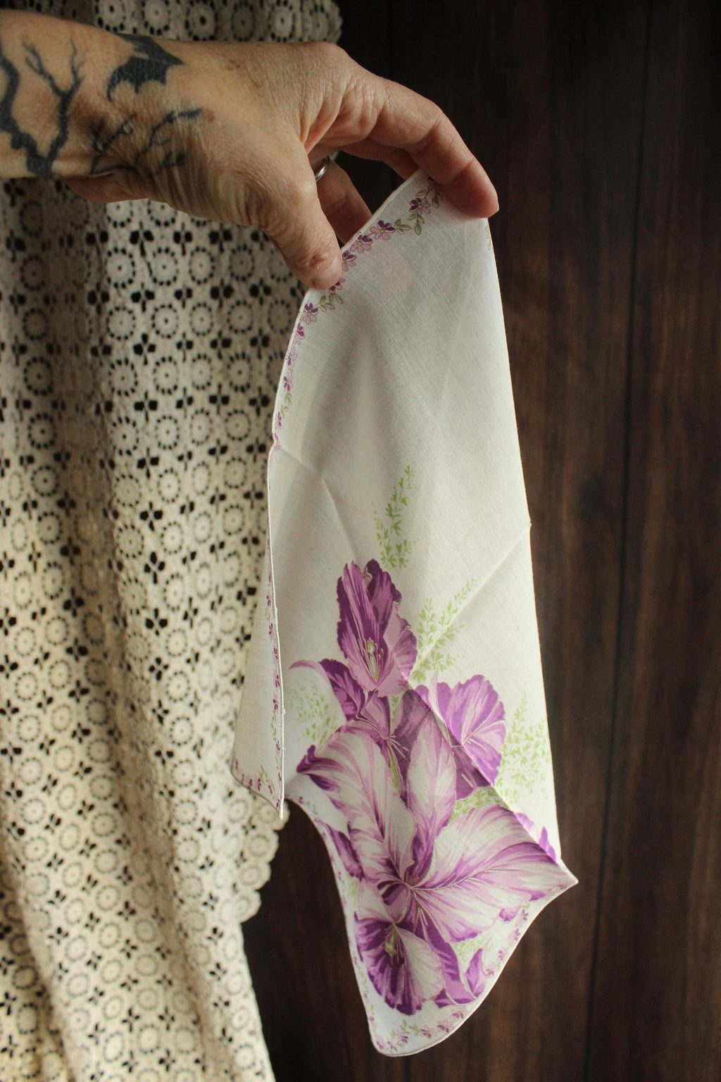 Vintage 1950s Iris Purple Flower Print Cotton Handkerchief
