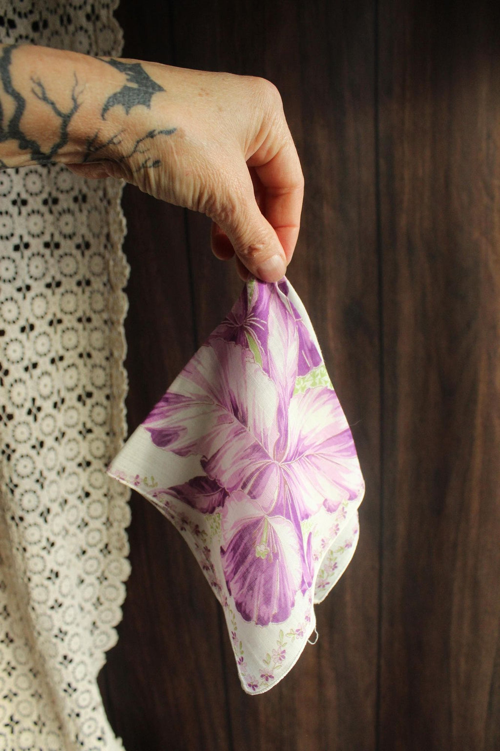 Vintage 1950s Iris Purple Flower Print Cotton Handkerchief