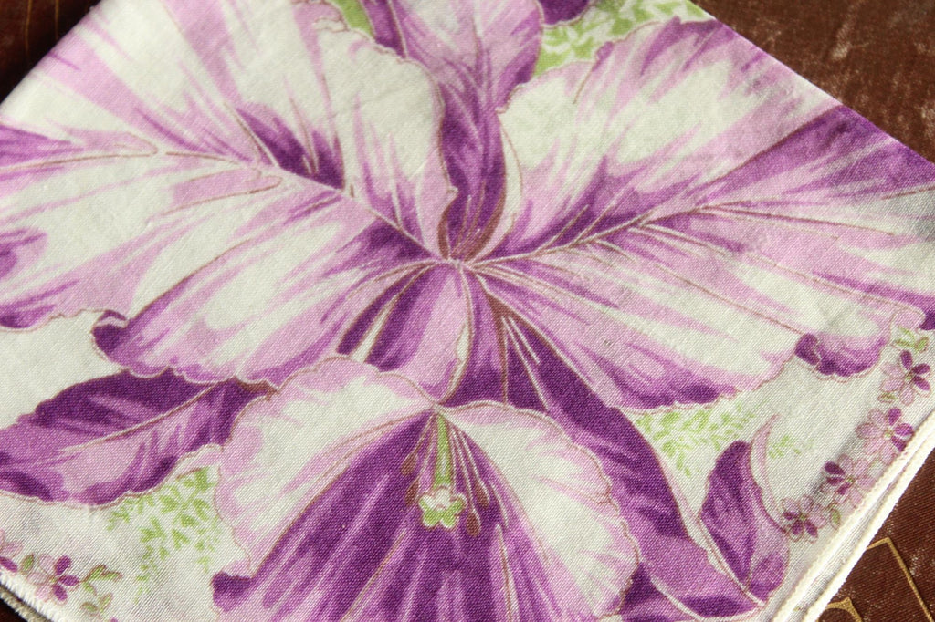 Vintage 1950s Iris Purple Flower Print Cotton Handkerchief