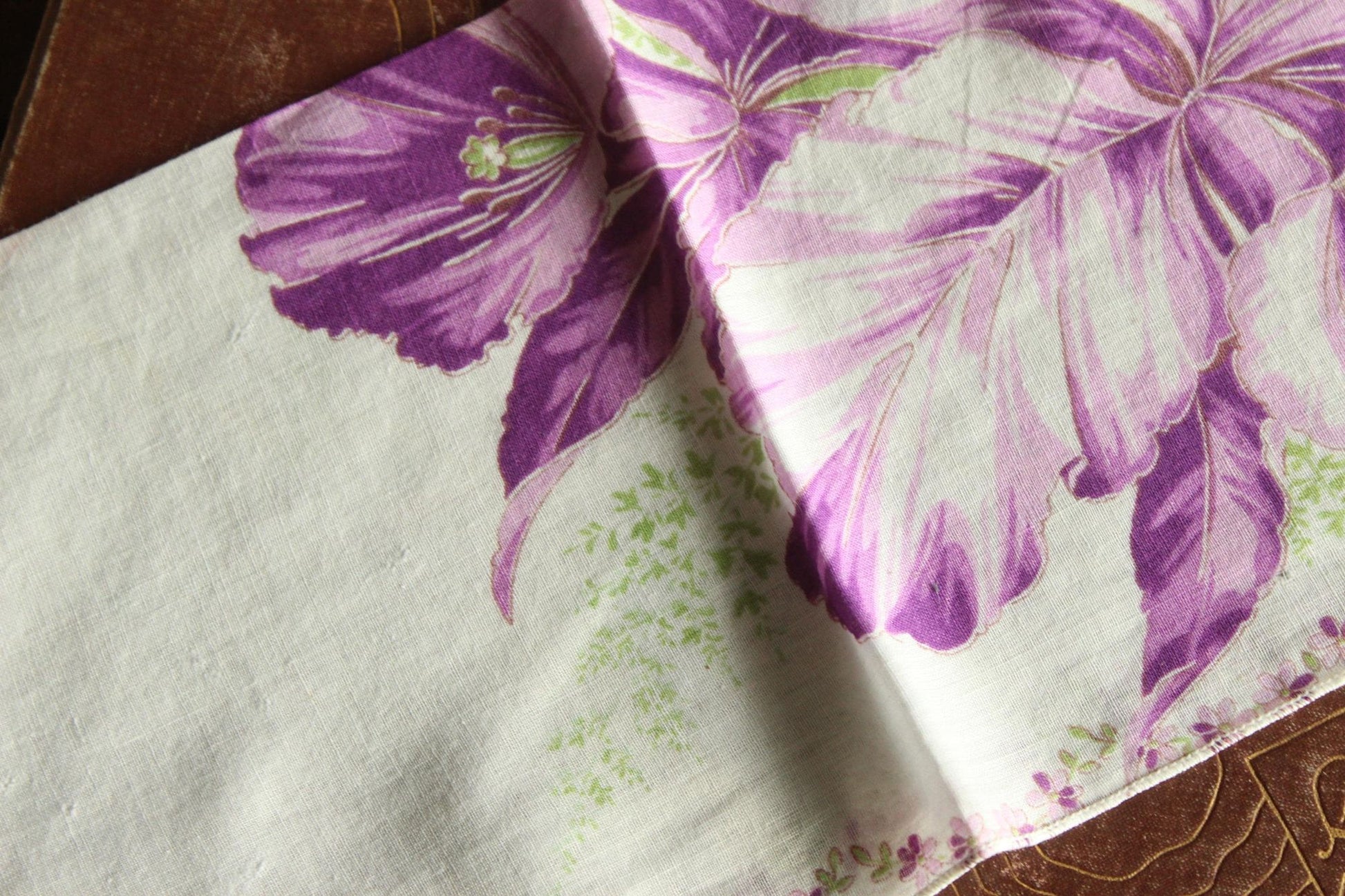 Vintage 1950s Iris Purple Flower Print Cotton Handkerchief