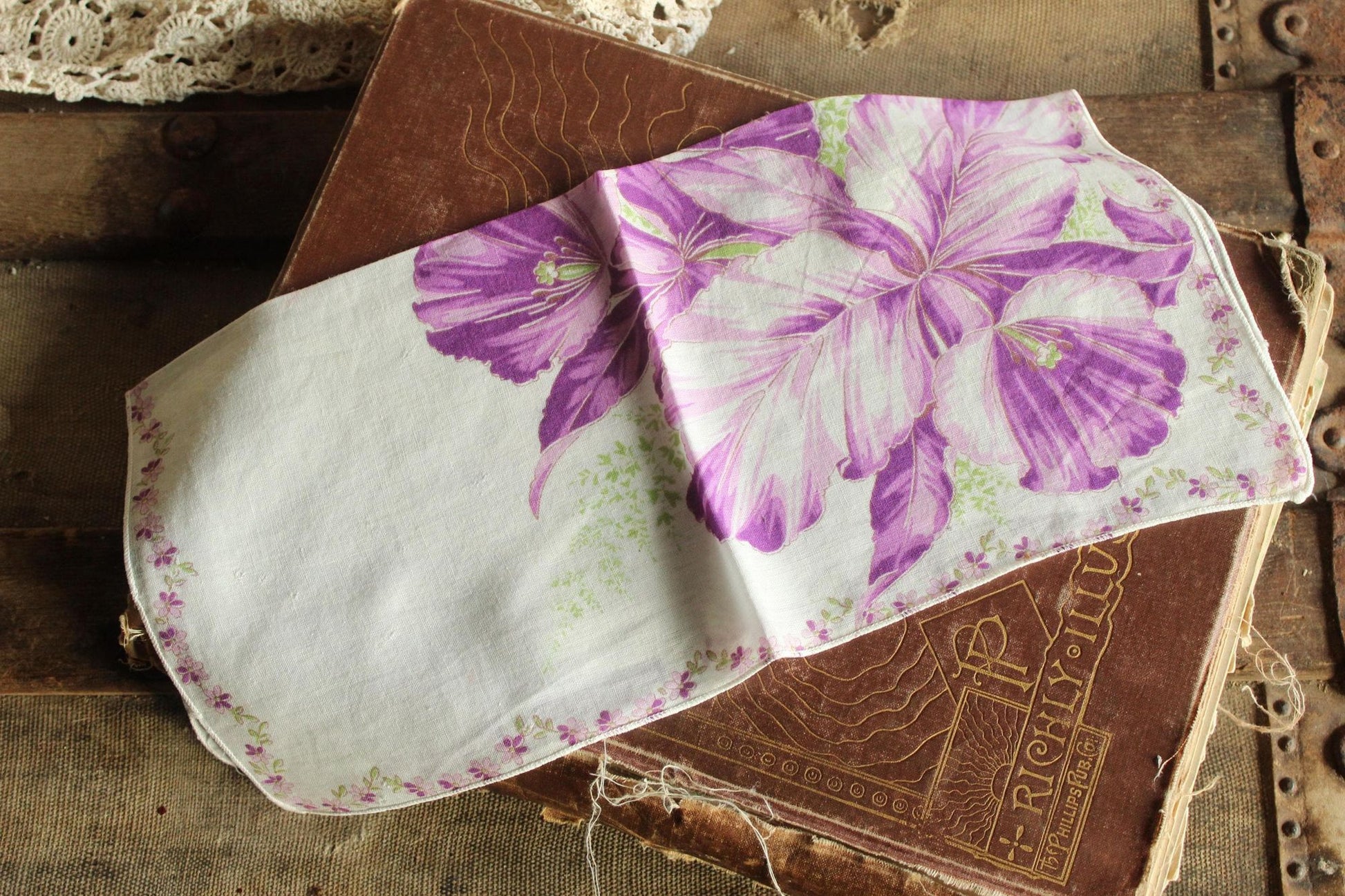 Vintage 1950s Iris Purple Flower Print Cotton Handkerchief