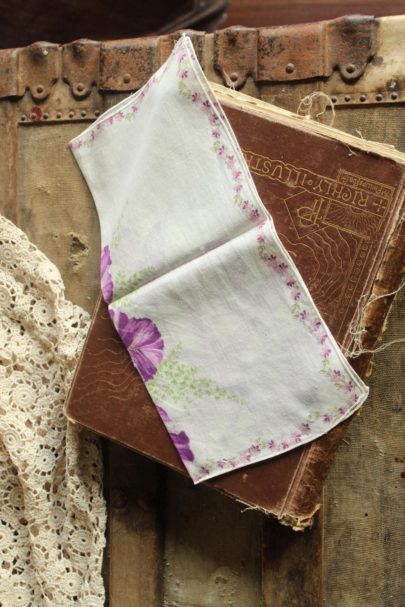 Vintage 1950s Iris Purple Flower Print Cotton Handkerchief