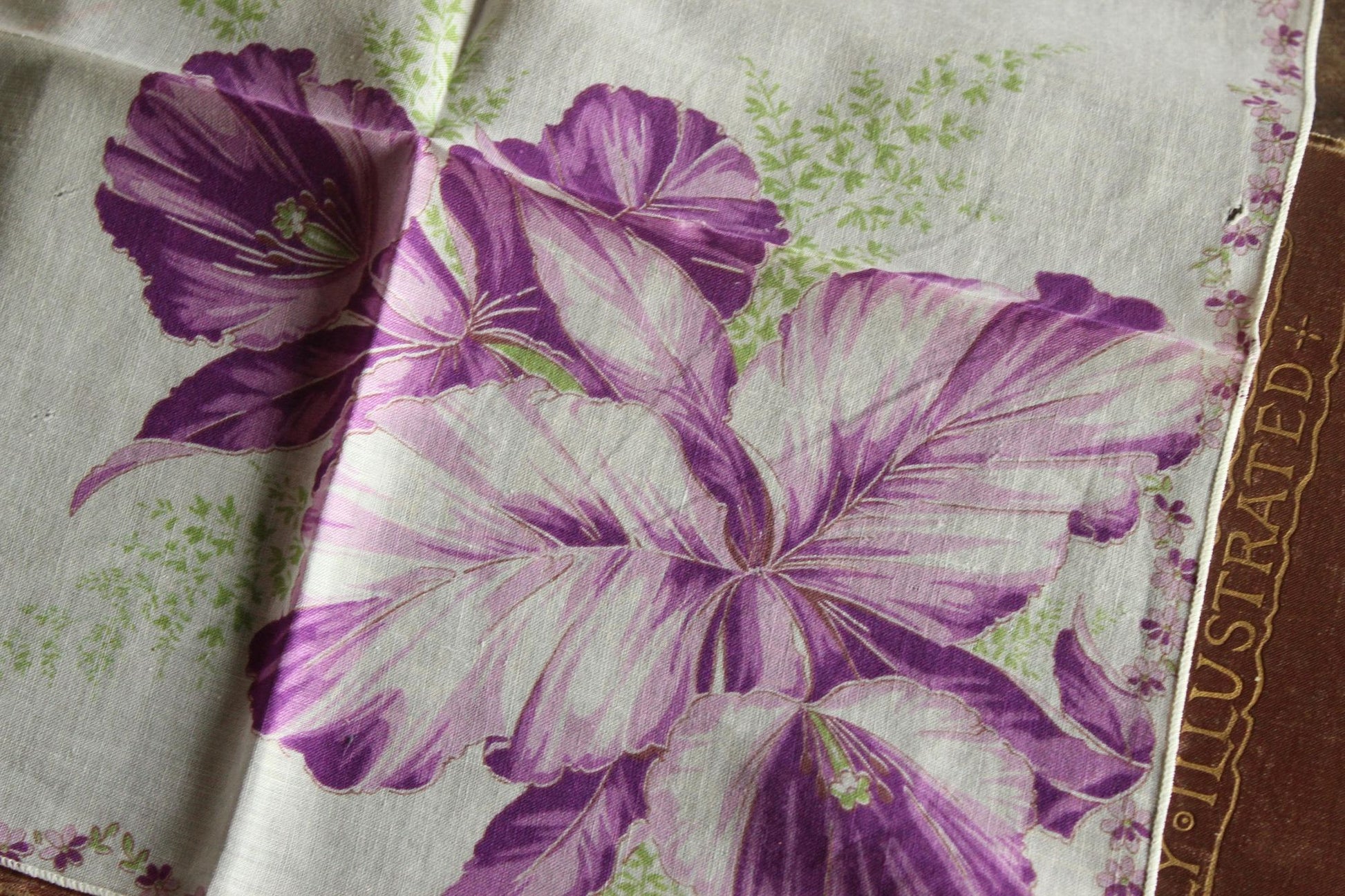 Vintage 1950s Iris Purple Flower Print Cotton Handkerchief