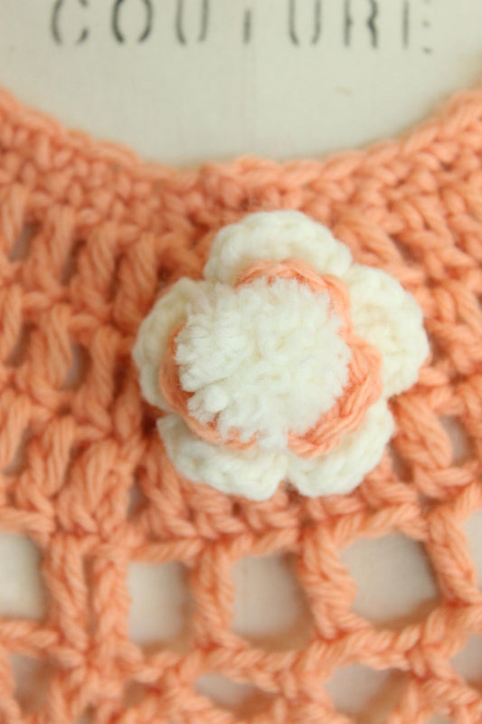 Vintage 1960s 1970s Peach Orange Crochet Poncho Shawl with Fringe