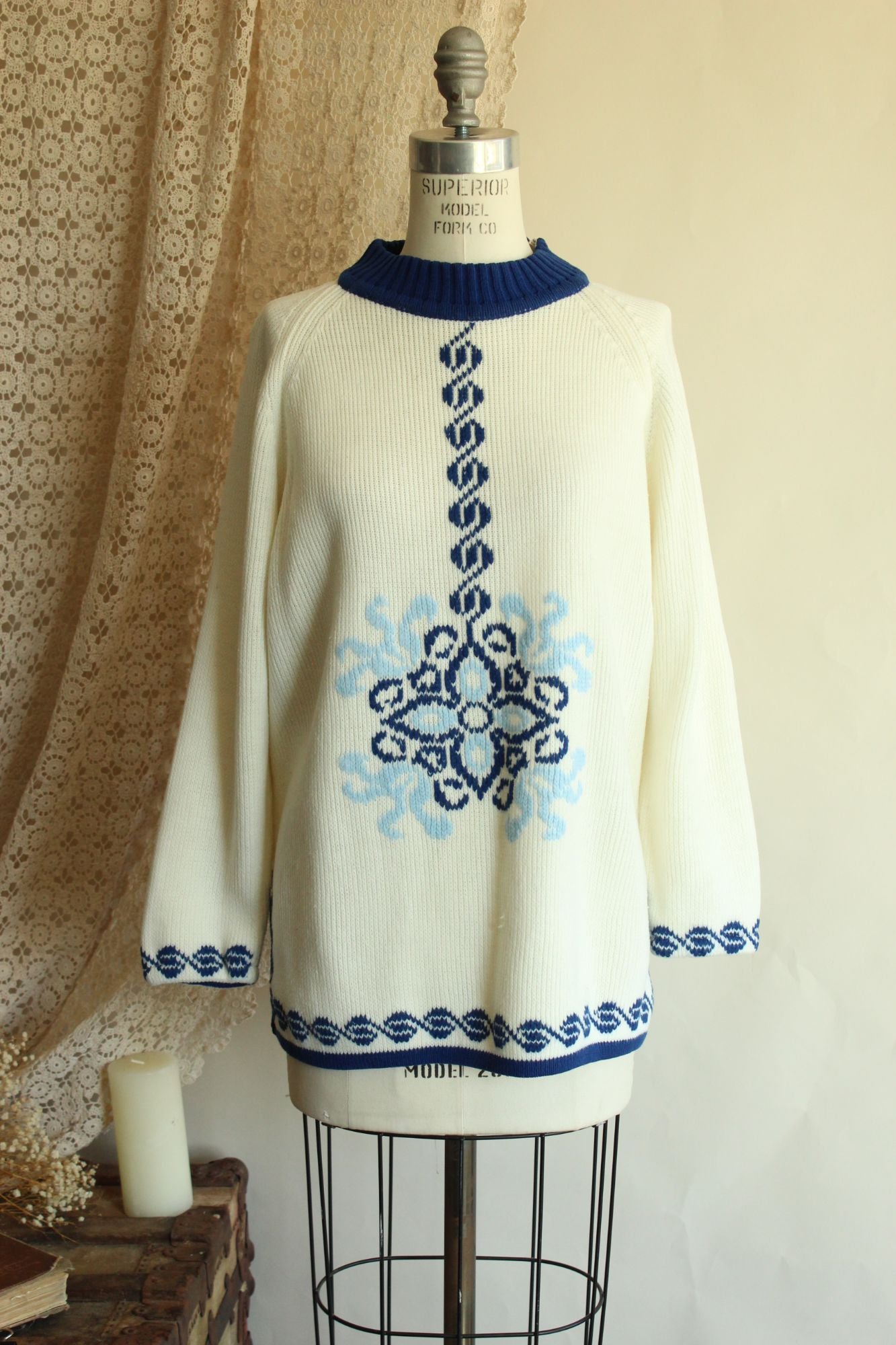 Vintage 1970s The Campus Shop Nordic Style Blue and White Jumper