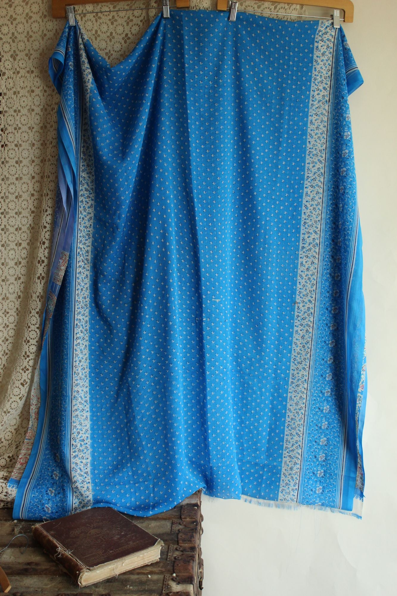 Vintage 1990s Authentic Sky Blue Chiffon with a Floral Print Indian Sari