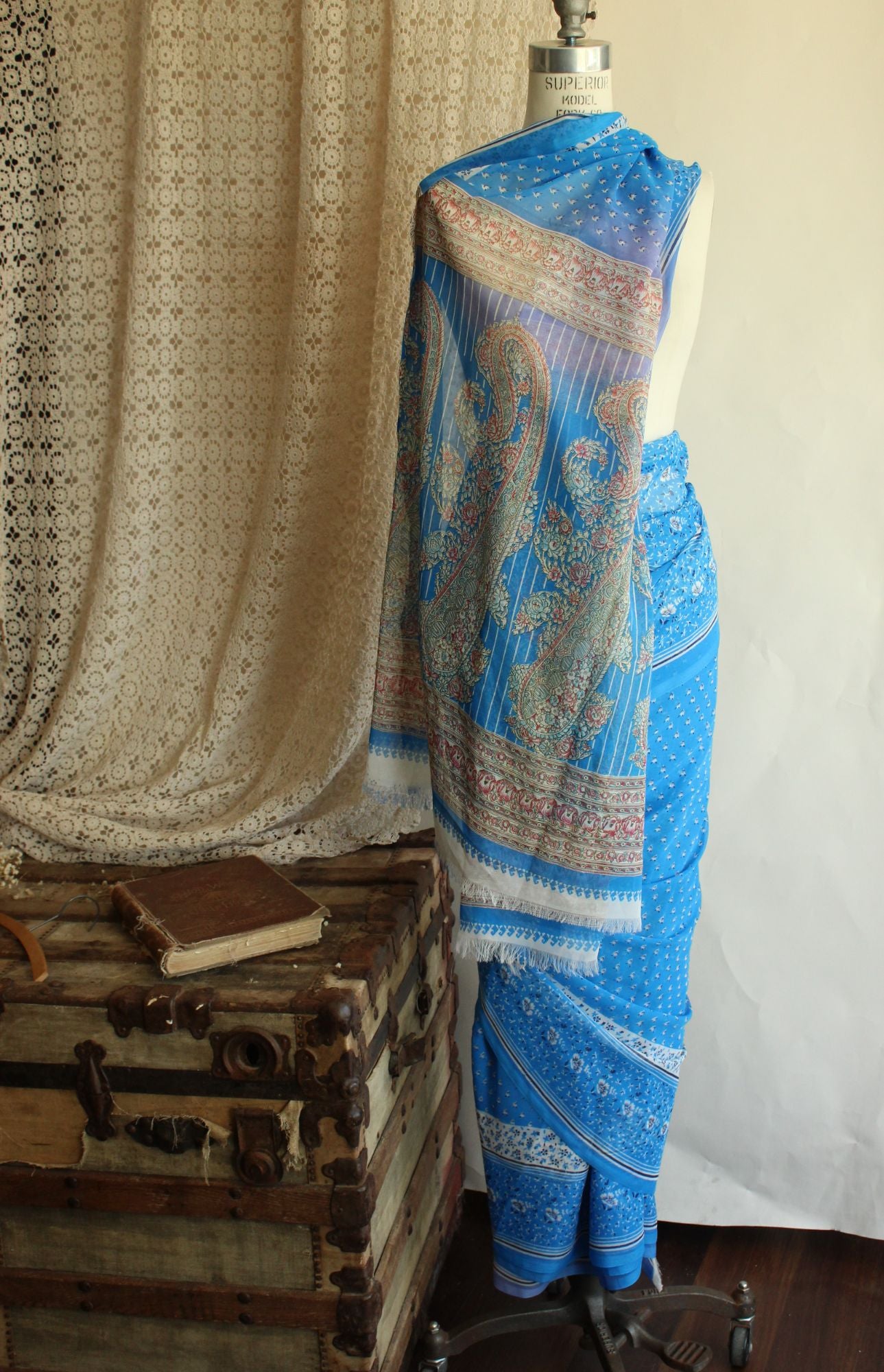 Vintage 1990s Authentic Sky Blue Chiffon with a Floral Print Indian Sari