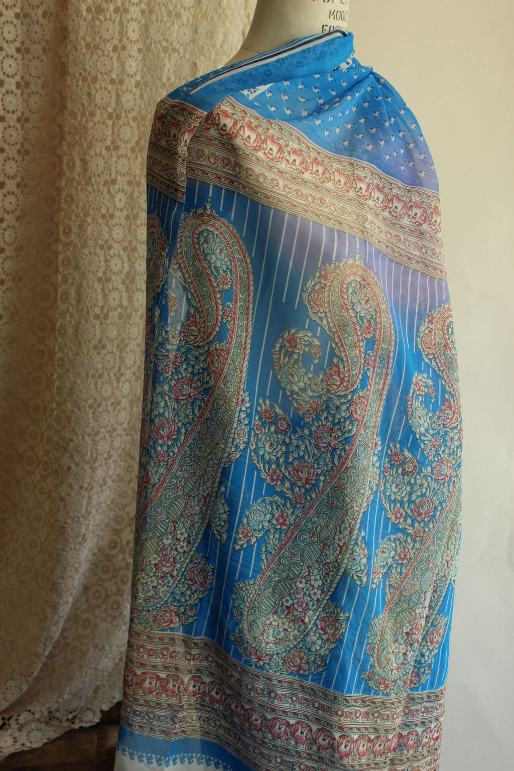 Vintage 1990s Authentic Sky Blue Chiffon with a Floral Print Indian Sari