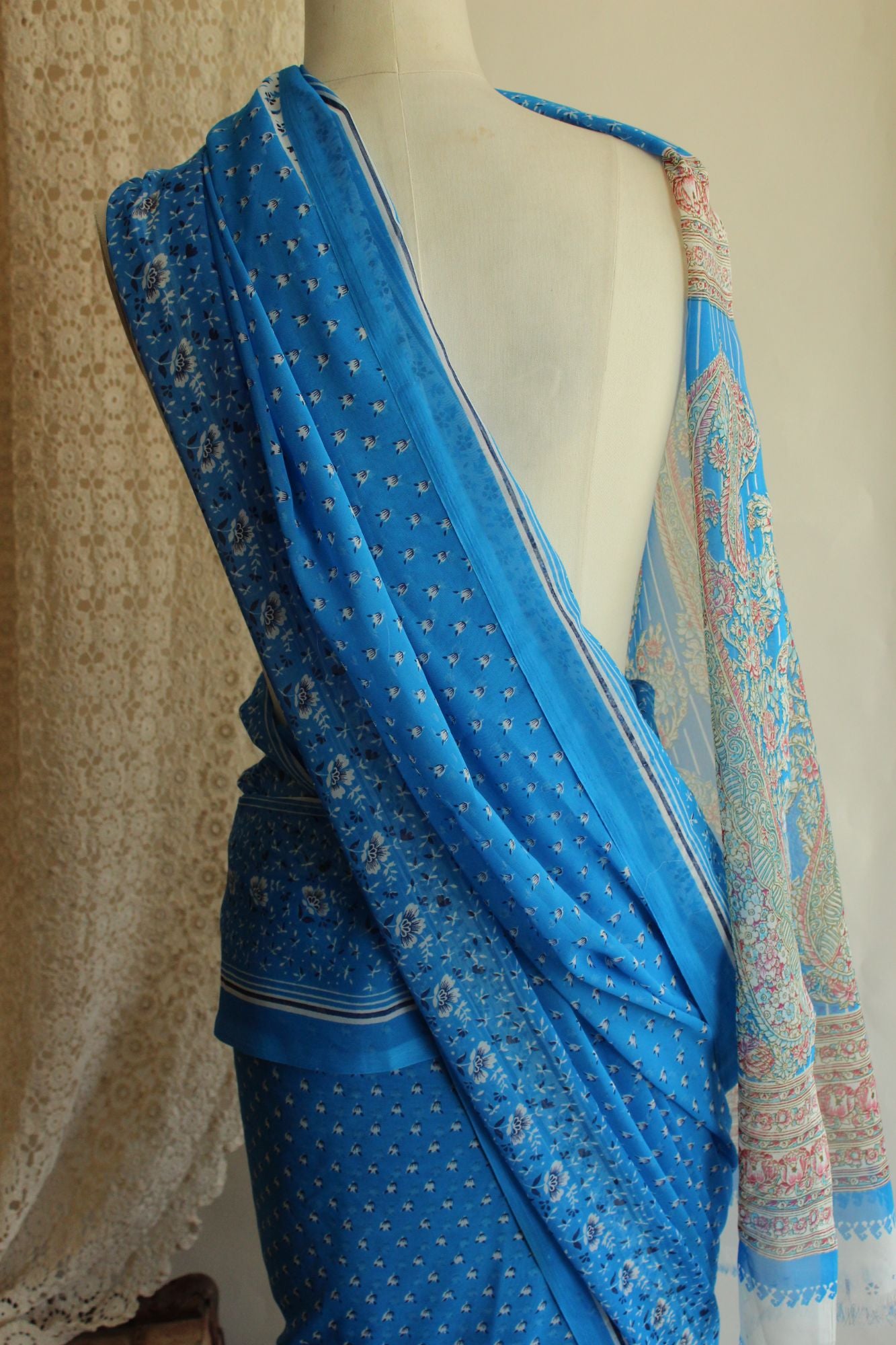 Vintage 1990s Authentic Sky Blue Chiffon with a Floral Print Indian Sari