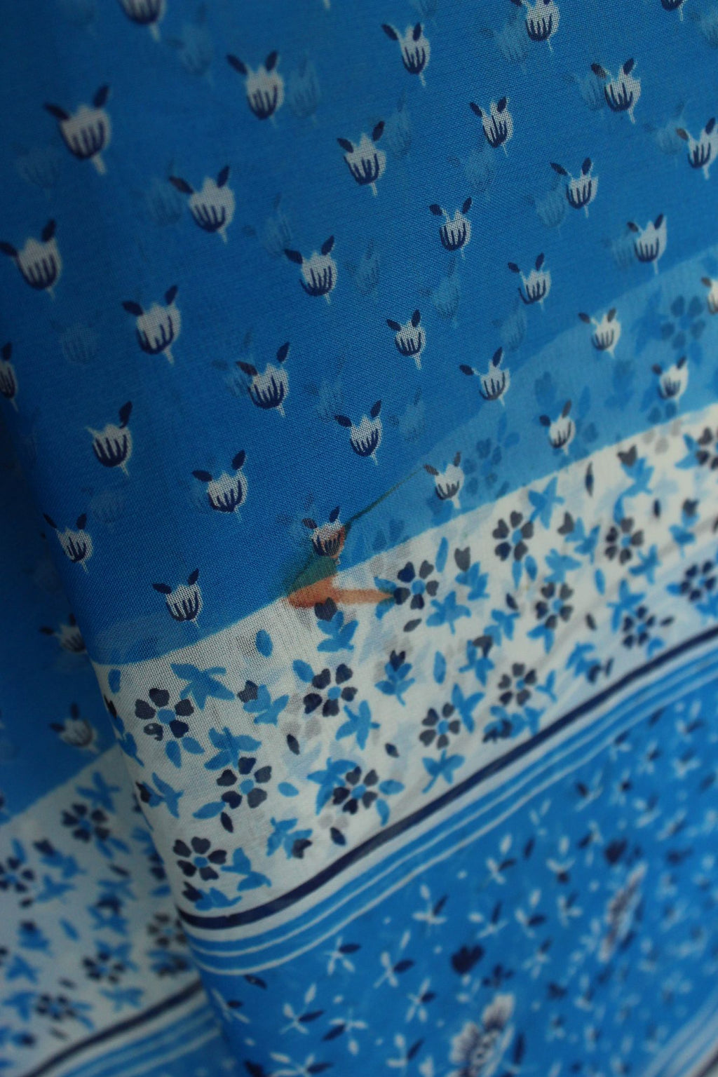 Vintage 1990s Authentic Sky Blue Chiffon with a Floral Print Indian Sari