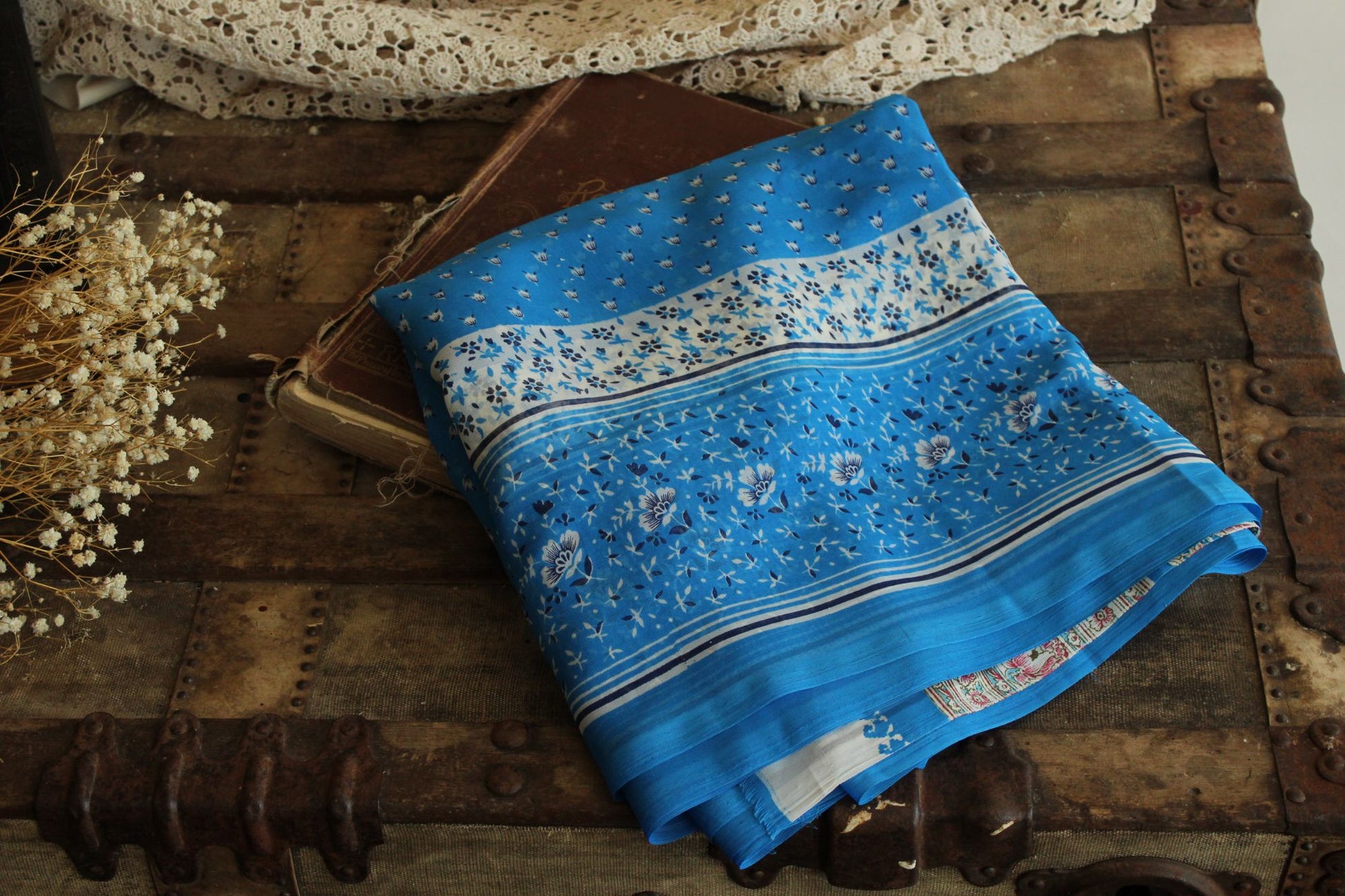 Vintage 1990s Authentic Sky Blue Chiffon with a Floral Print Indian Sari