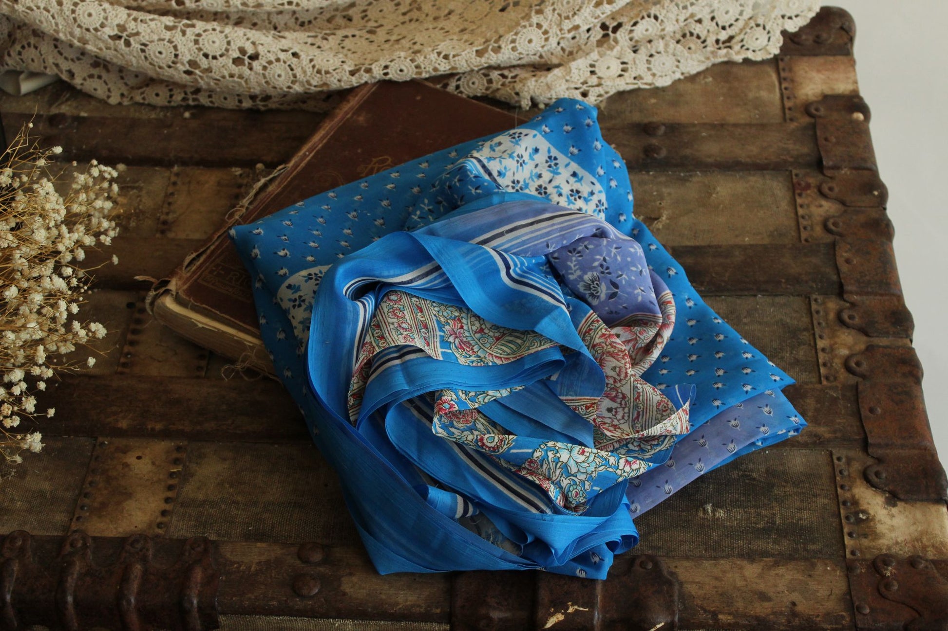 Vintage 1990s Authentic Sky Blue Chiffon with a Floral Print Indian Sari