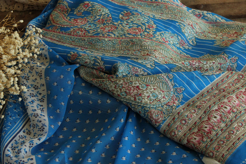 Vintage 1990s Authentic Sky Blue Chiffon with a Floral Print Indian Sari