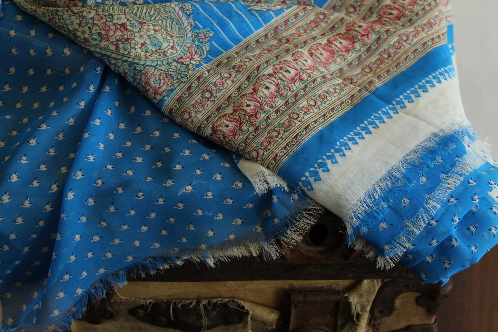Vintage 1990s Authentic Sky Blue Chiffon with a Floral Print Indian Sari