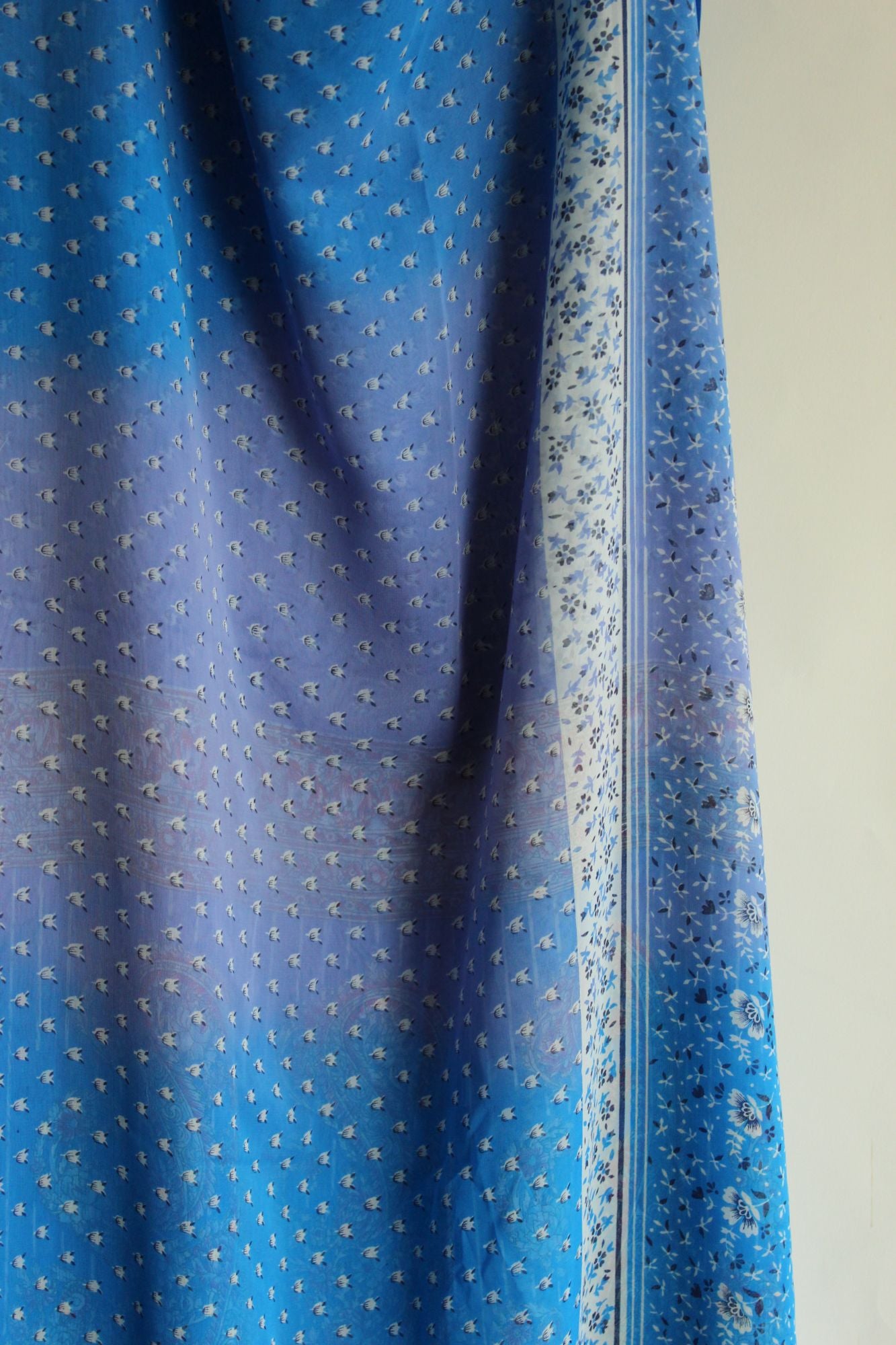 Vintage 1990s Authentic Sky Blue Chiffon with a Floral Print Indian Sari