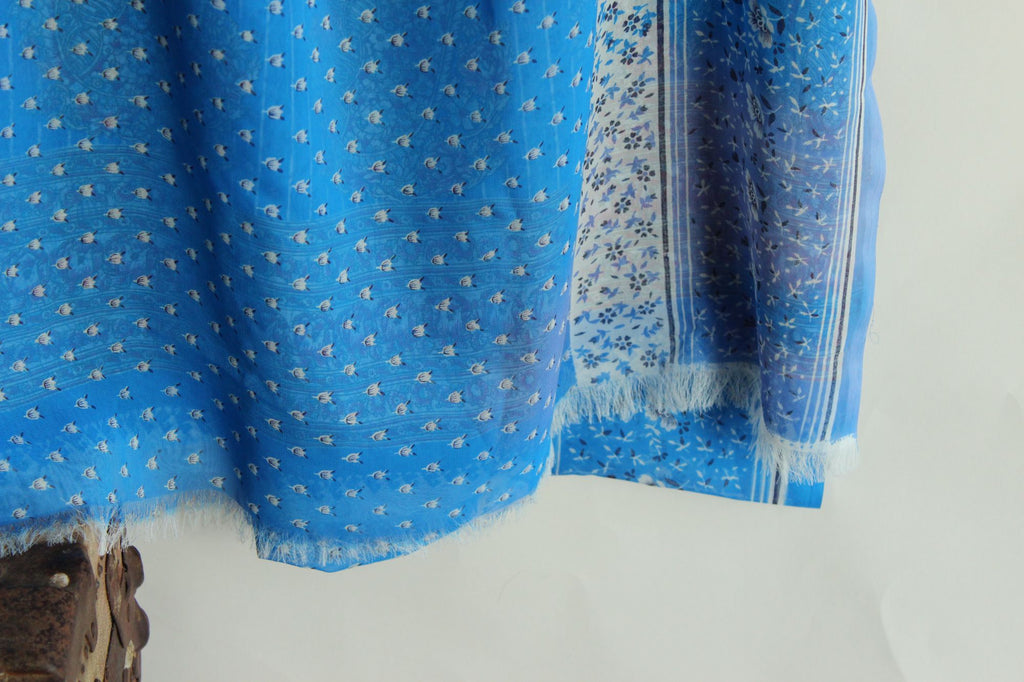 Vintage 1990s Authentic Sky Blue Chiffon with a Floral Print Indian Sari