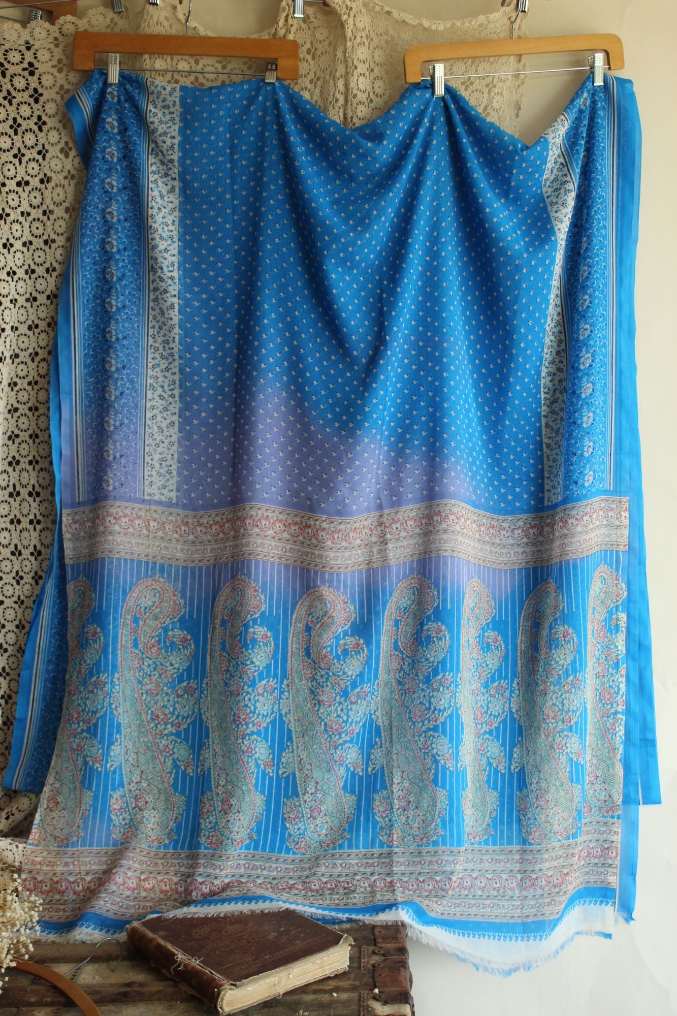 Vintage 1990s Authentic Sky Blue Chiffon with a Floral Print Indian Sari